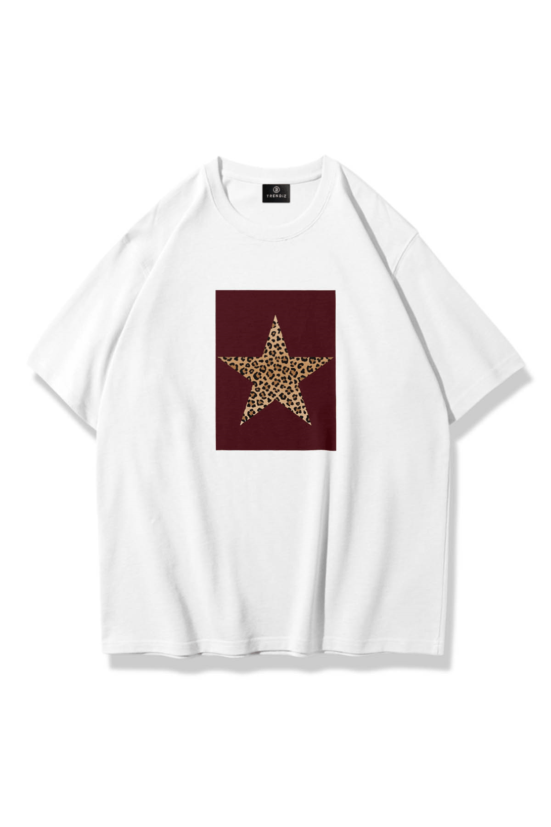 Kadın Bordo Çerçeveli Leopar Yıldız Tshirt Beyaz
