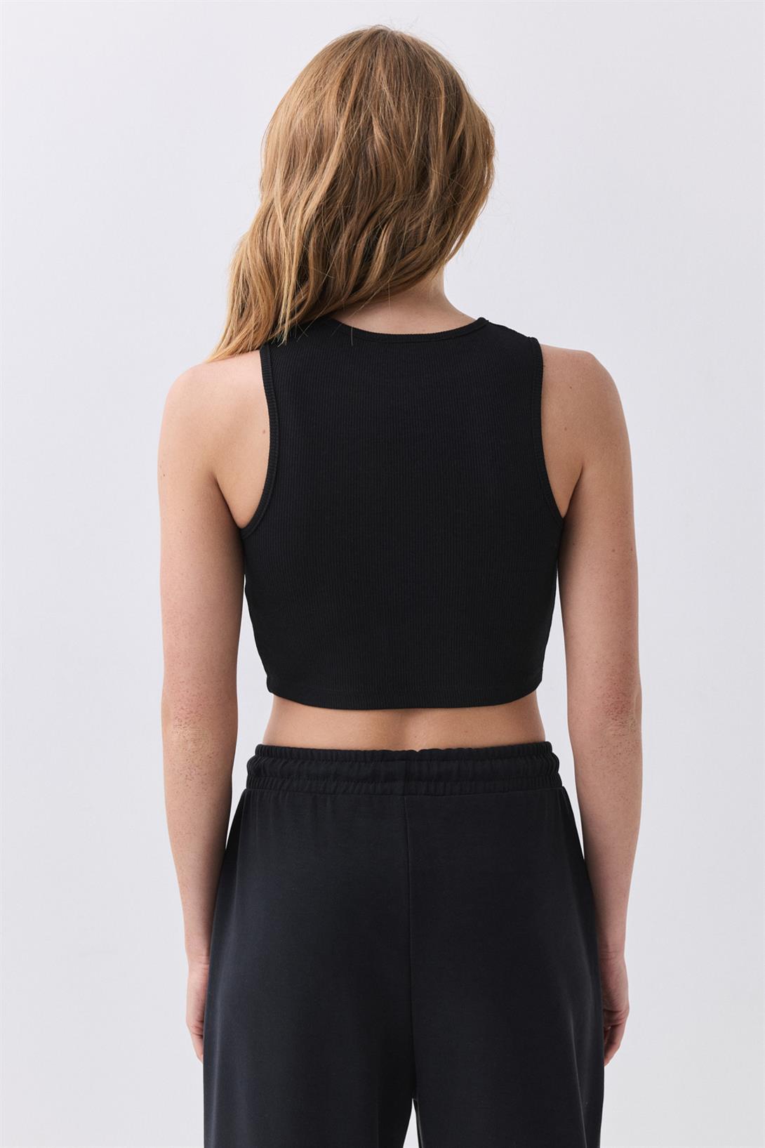 Kadın Pamuklu Fitilli Esnek Kumaşlı Crop Bluz Siyah 9014