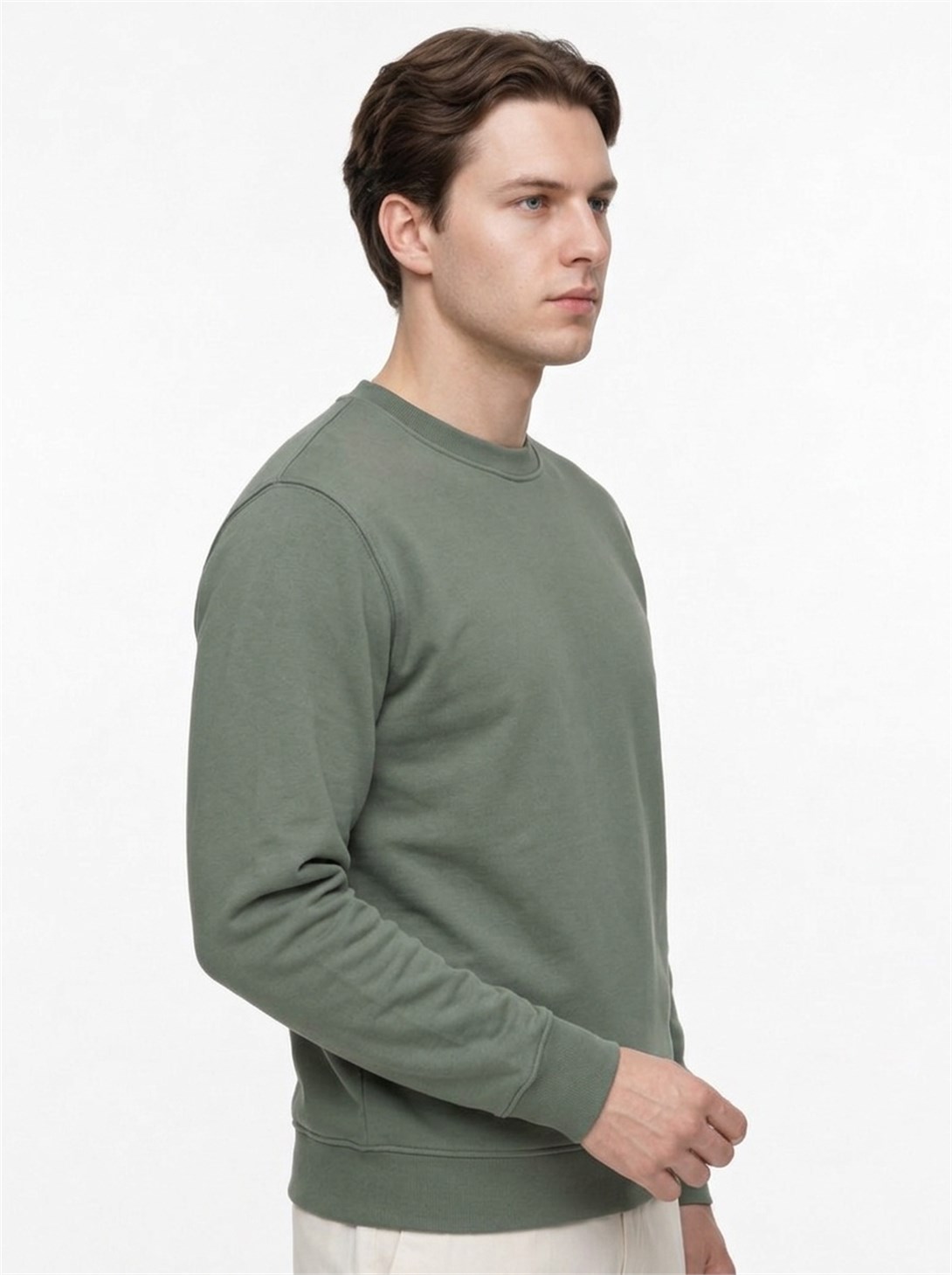 Erkek Standart Fit Normal Kesim 2 İplik Bisiklet Yaka Sweatshirt Haki