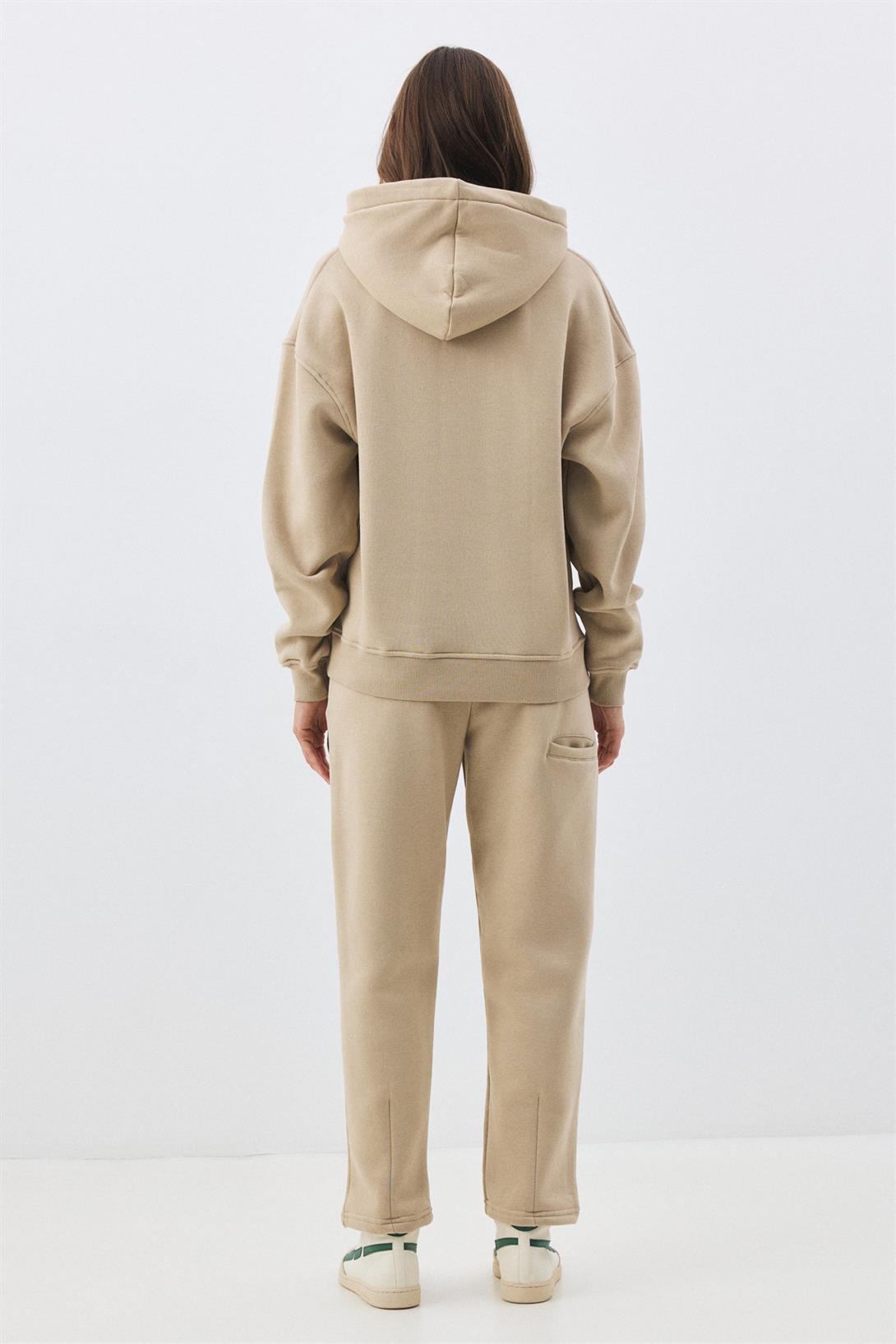 Kadın Premium Kapşonlu Cep Detaylı Eşofman Takımı Taş 2033