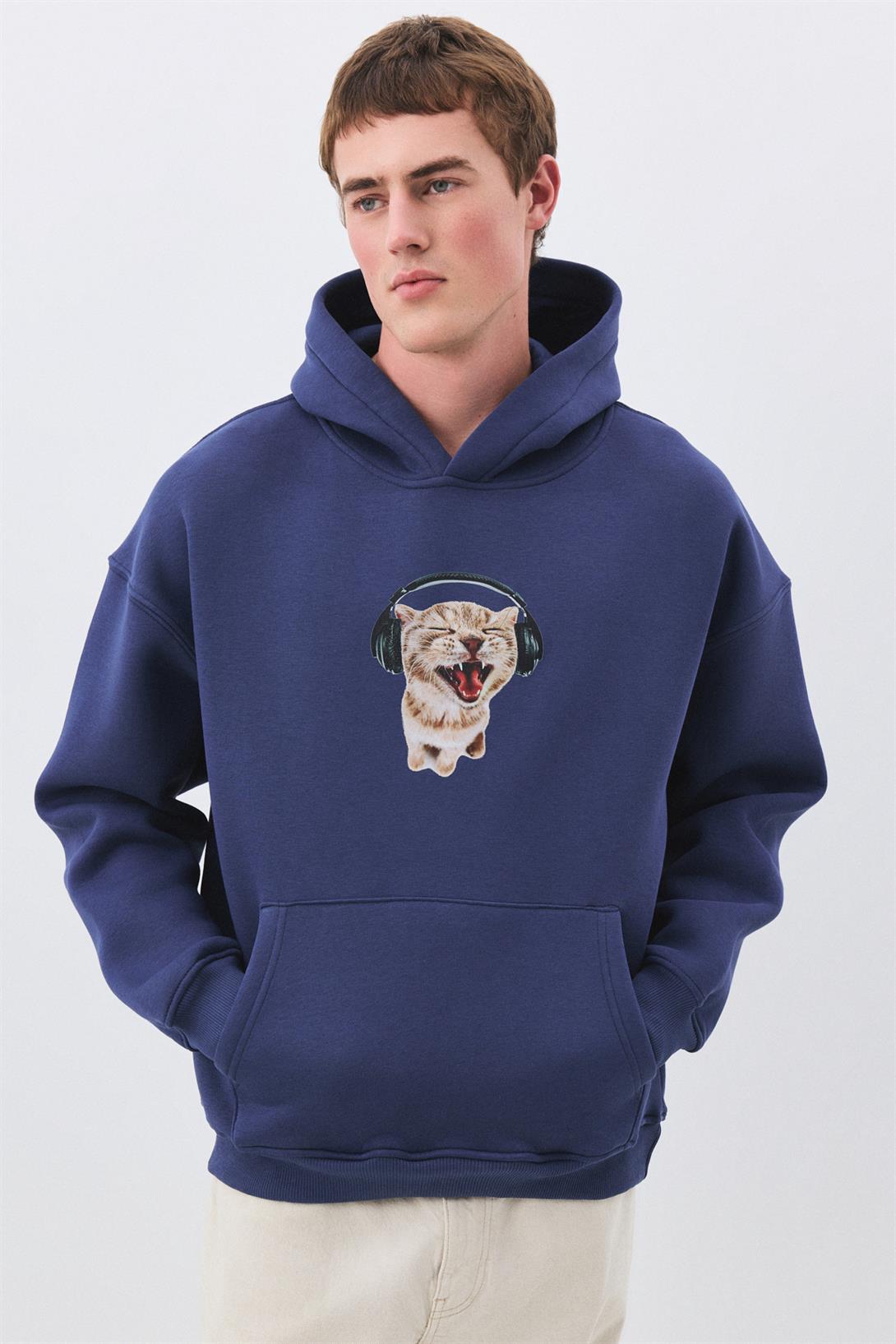 Unisex Kulaklıklı Kedi Sweatshirt İndigo