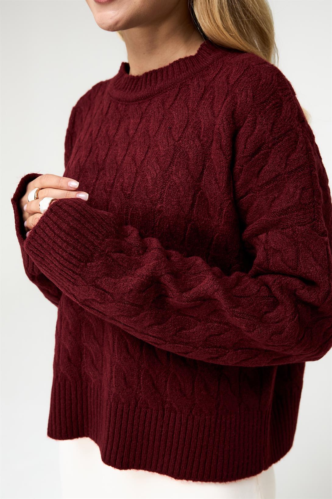 Kadın Baklava Desenli Kazak Bordo