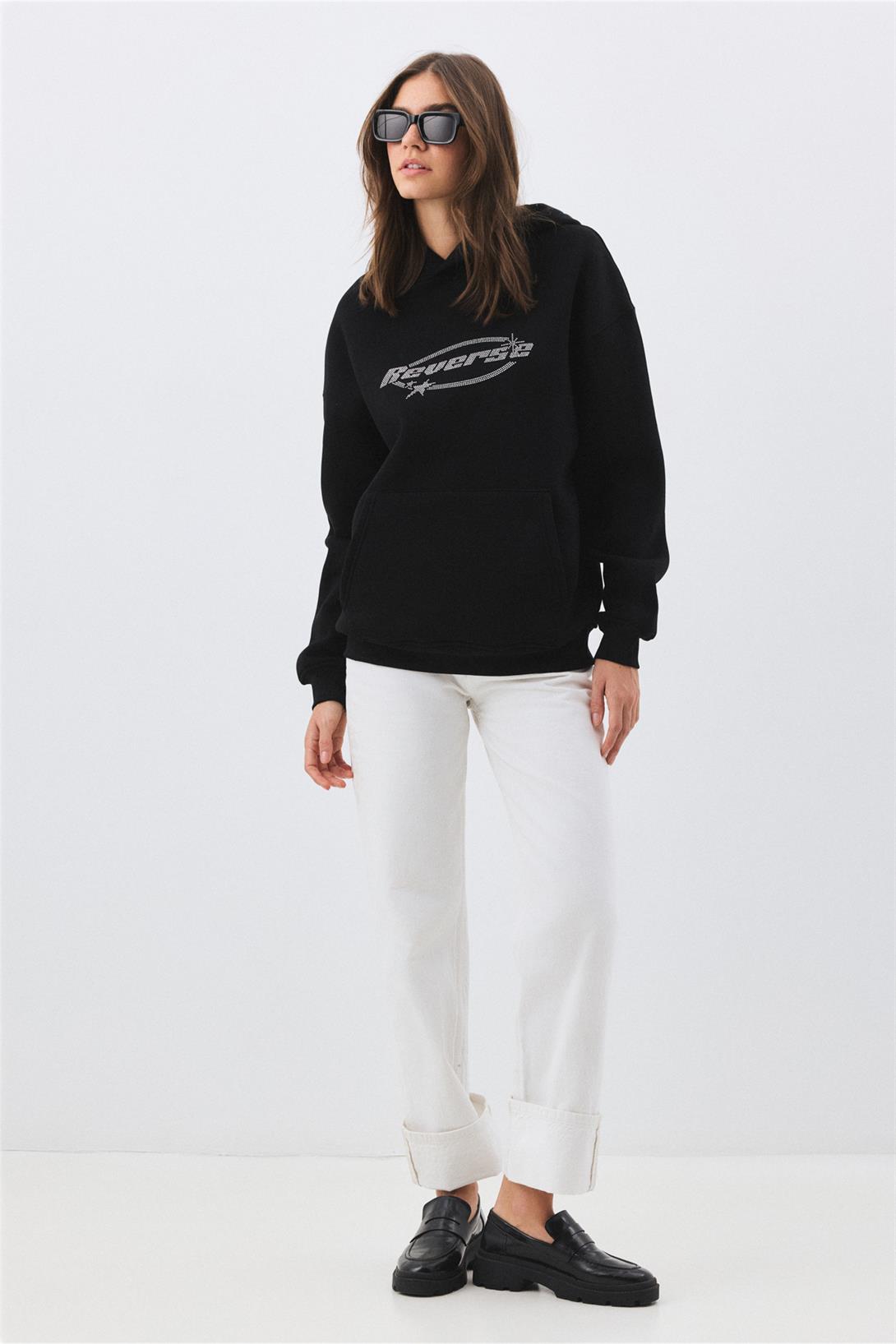 Unisex Reverse Taş Baskılı Sweatshirt Siyah