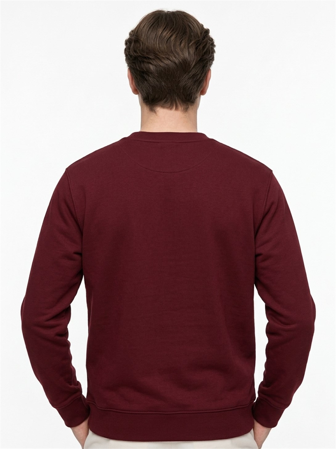 Erkek Standart Fit Normal Kesim 2 İplik Bisiklet Yaka Sweatshirt Bordo