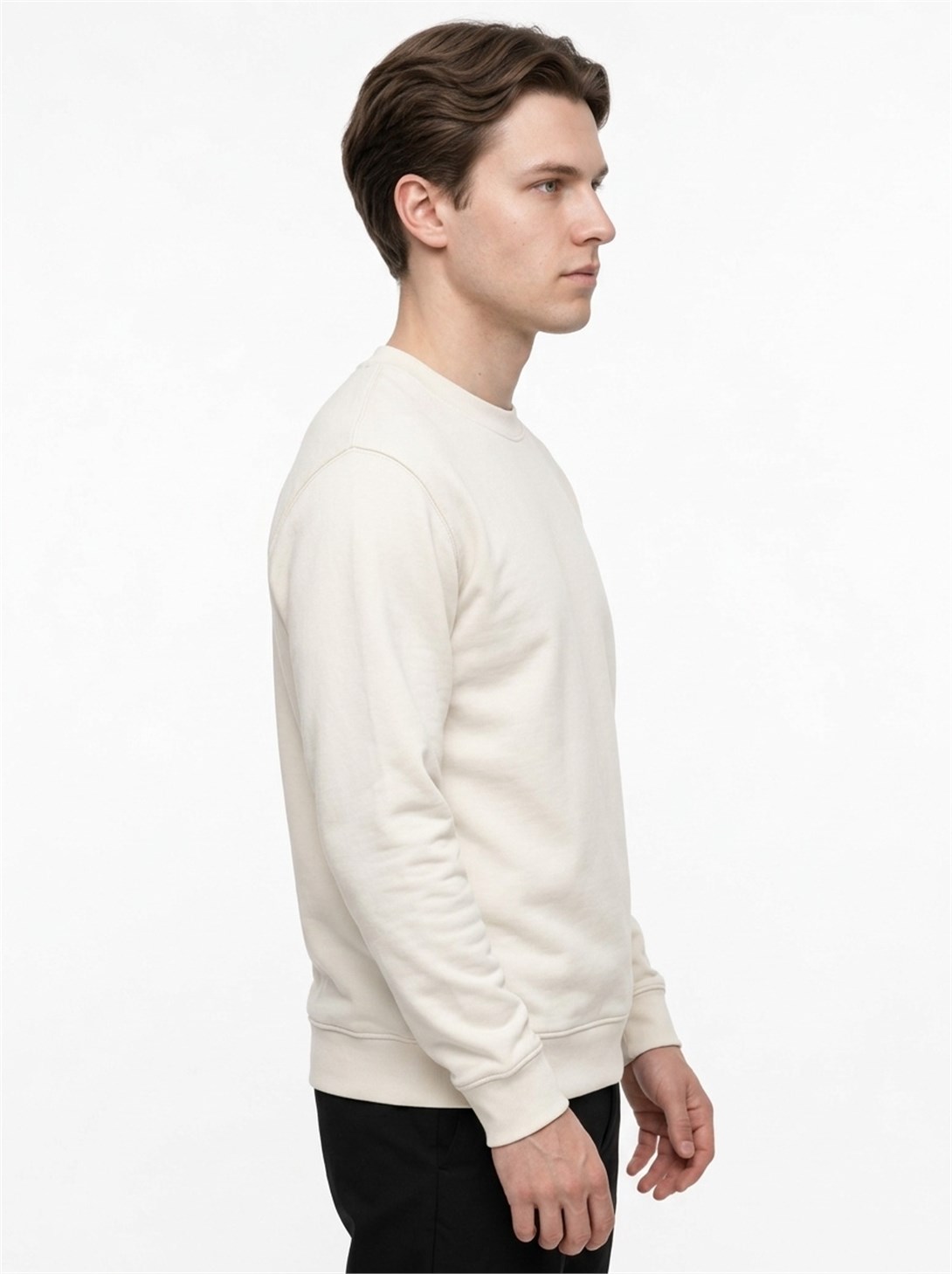 Erkek Standart Fit Normal Kesim 2 İplik Bisiklet Yaka Sweatshirt Ekru