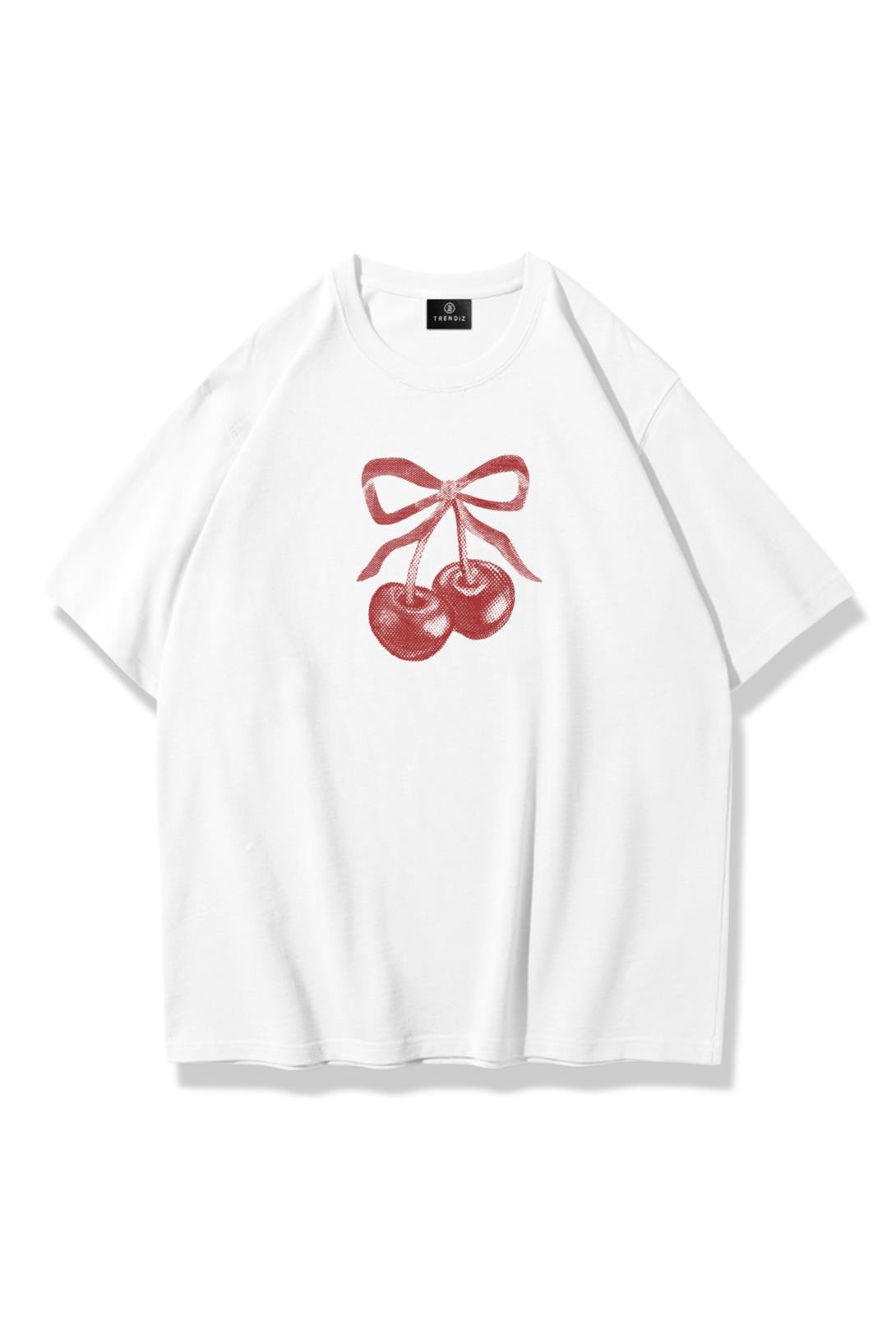 Unisex Kiraz Kurdele Tram Tshirt Beyaz