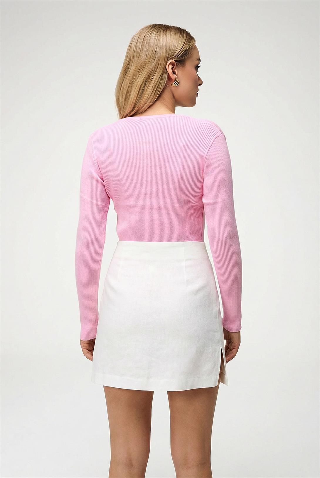 Kadın Düğmeli Fitilli Triko Hırka Pembe 6931 