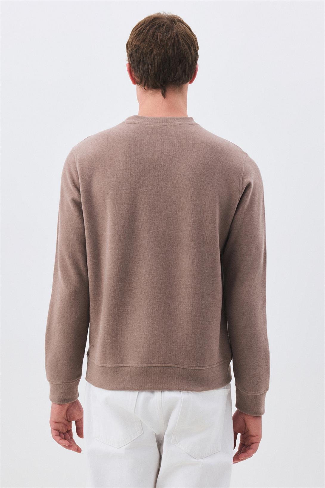 Erkek Slim Fit Pamuklu Selanik Kumaş Bisiklet Yaka Sweatshirt Camel