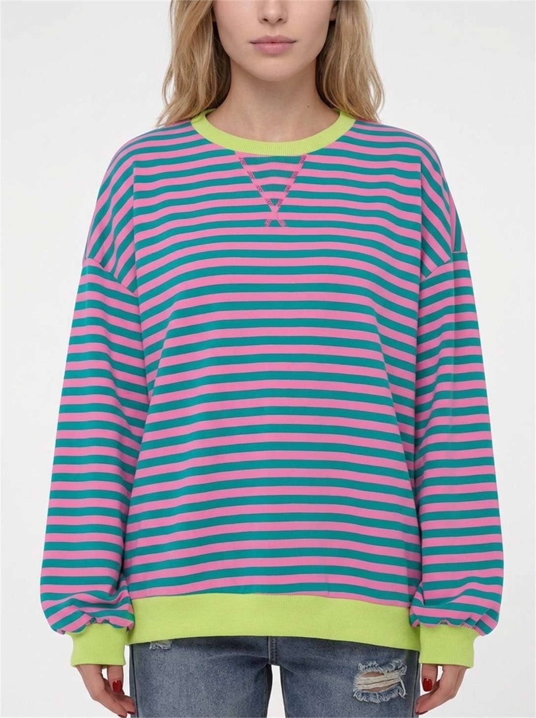Kadın Çizgili Ribanalı Oversize Sweatshirt Turkuaz Pembe