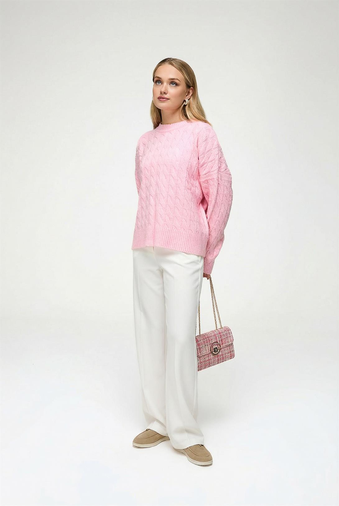 Kadın Baklava Desenli Kazak Pembe