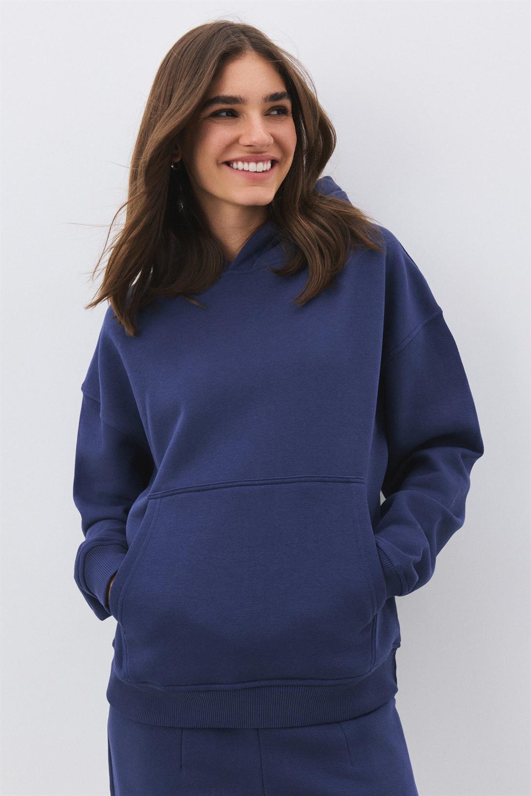 Kadın Premium Kapşonlu Cep Detaylı Eşofman Takımı İndigo 2033
