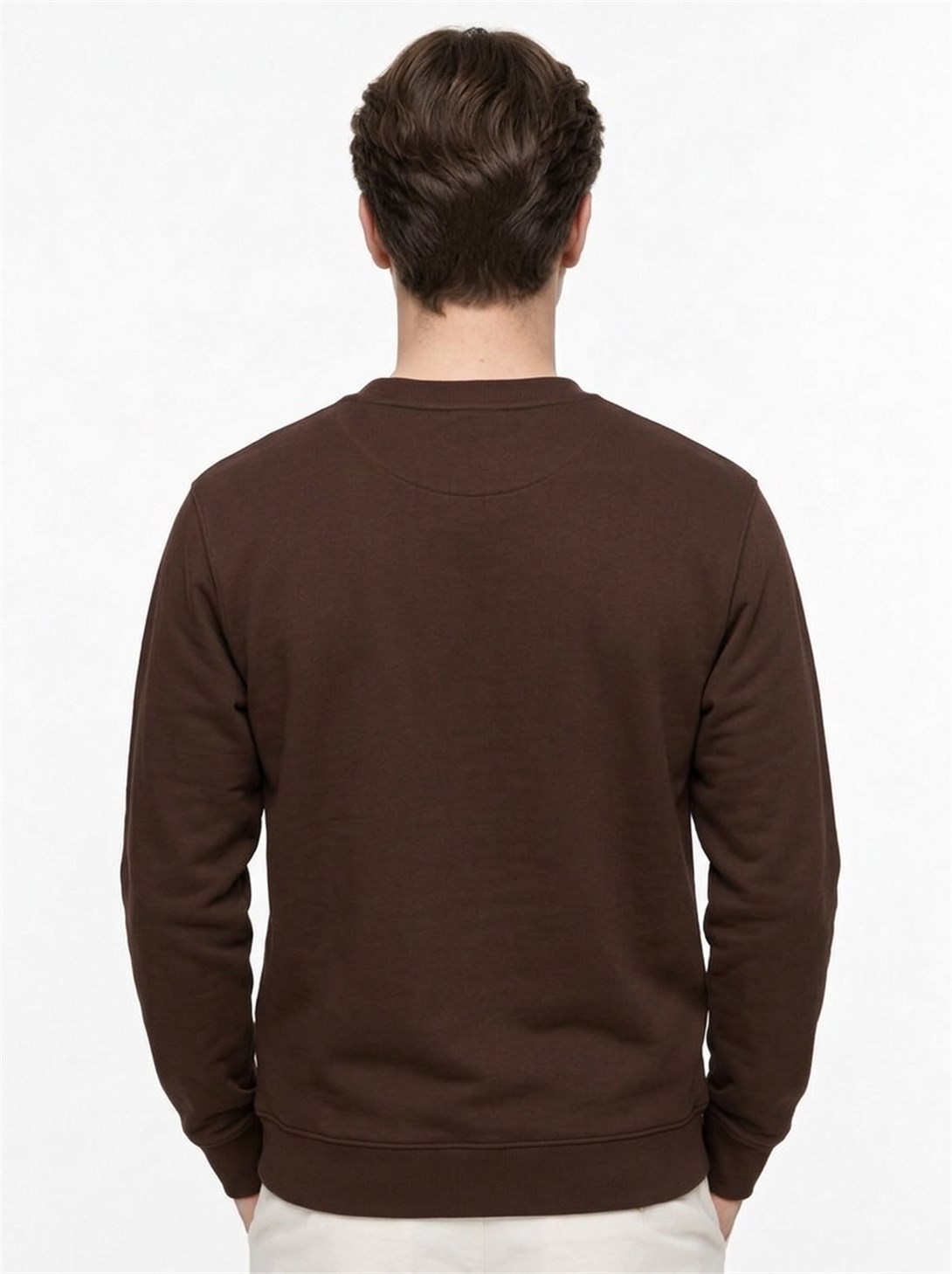 Erkek Standart Fit Normal Kesim 2 İplik Bisiklet Yaka Sweatshirt Kahverengi