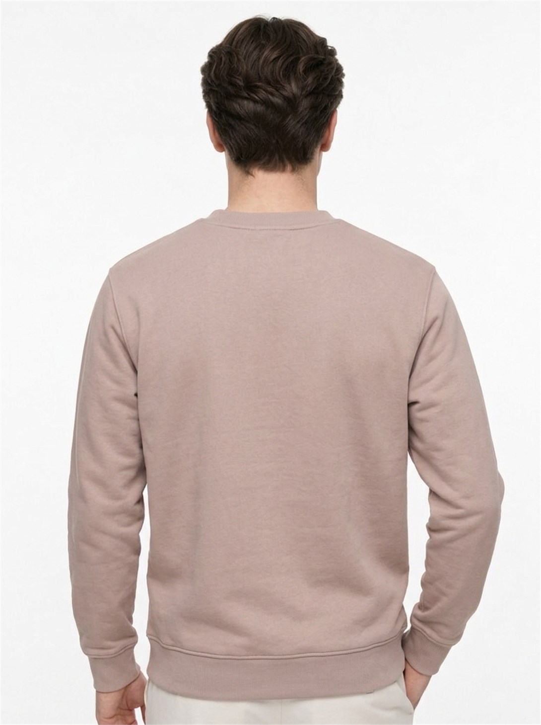 Erkek Standart Fit Normal Kesim 2 İplik Bisiklet Yaka Sweatshirt Vizon
