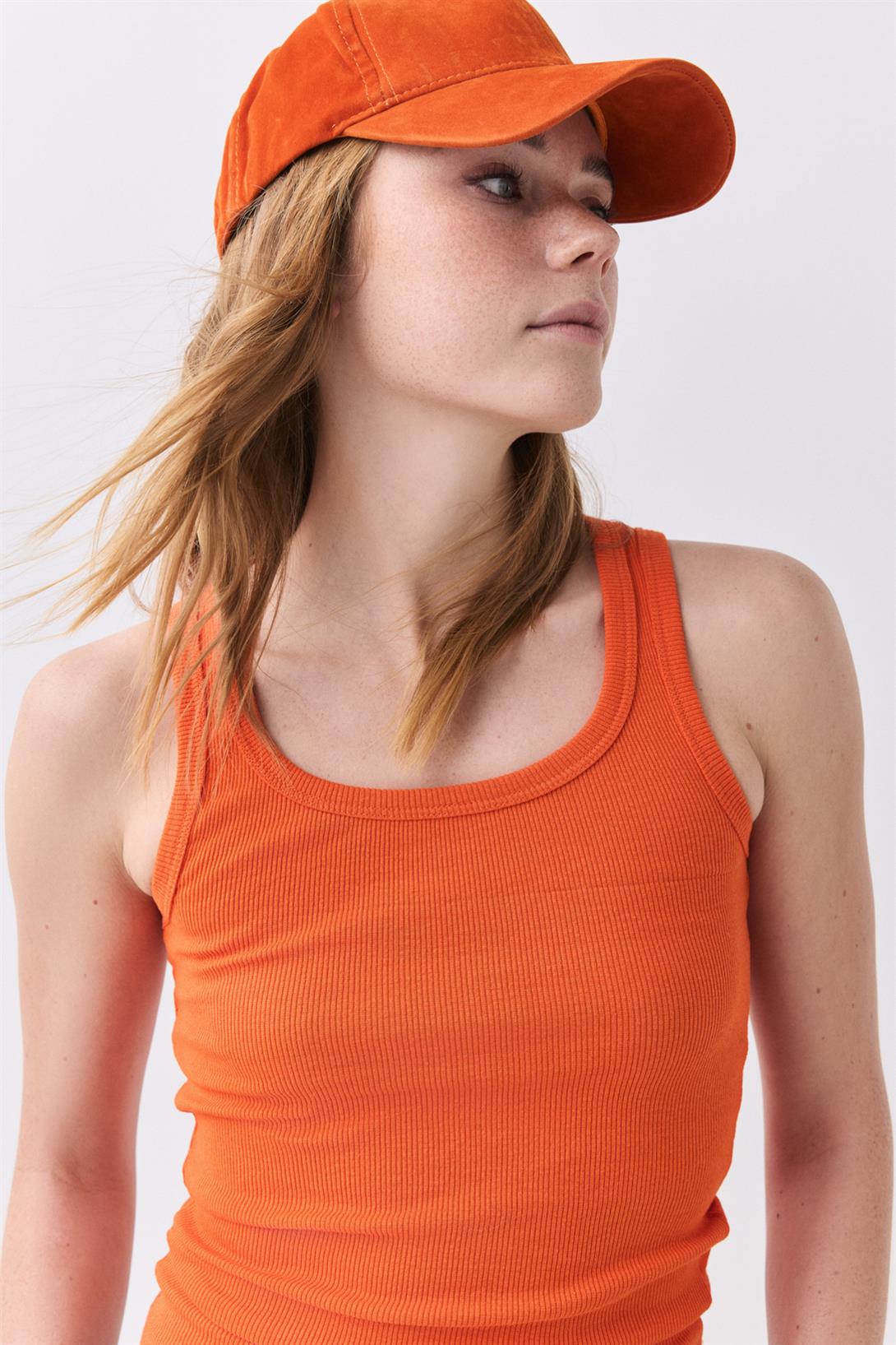 Kadın Fitilli Görünümlü Kalın Askılı Atlet Turuncu 9012