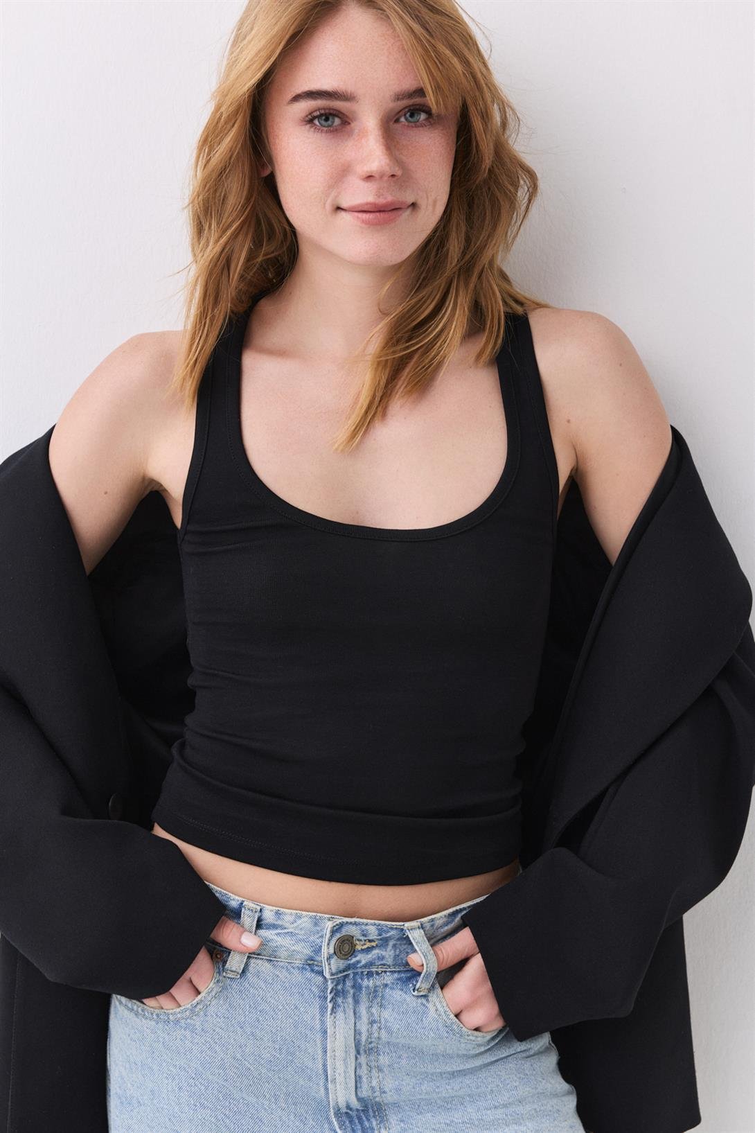 Kadın Fitilli Görünümlü Kalın Askılı Atlet Siyah 9012