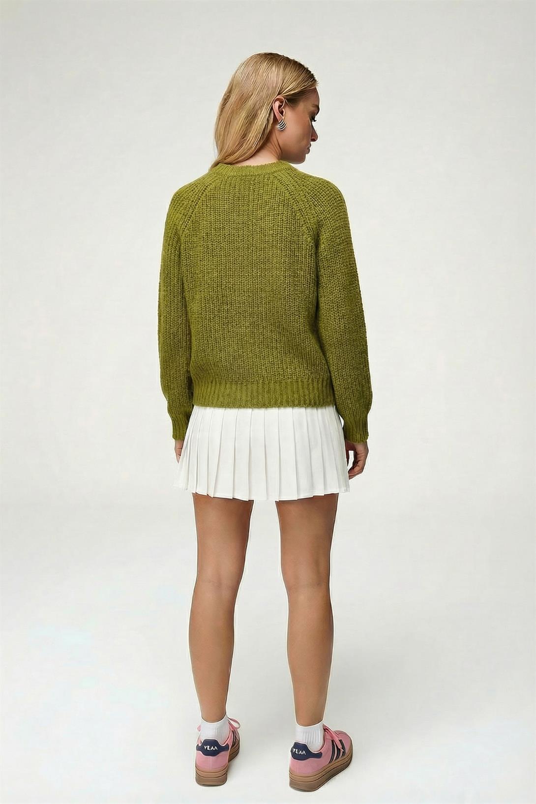 Kadın Yün Karışımlı Düğmeli Triko Hırka Yeşil 