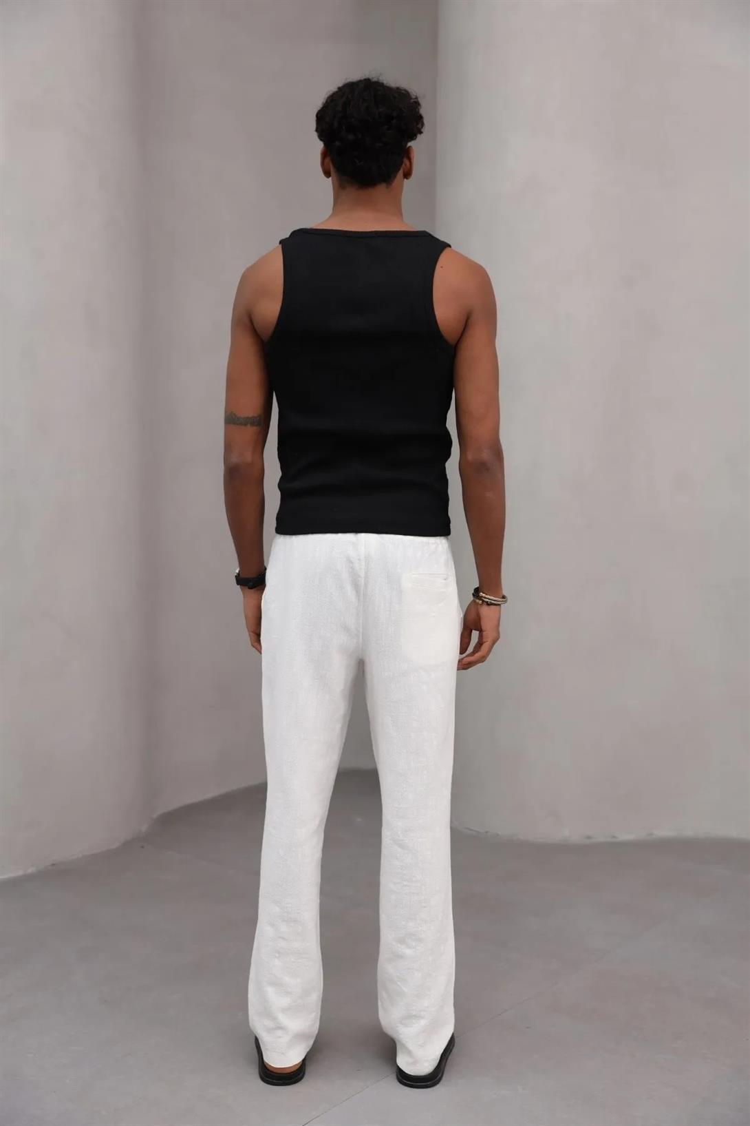 Erkek Premium Rahat Kesim %100 Cotton Bağcıklı Erkek Pantolon Beyaz