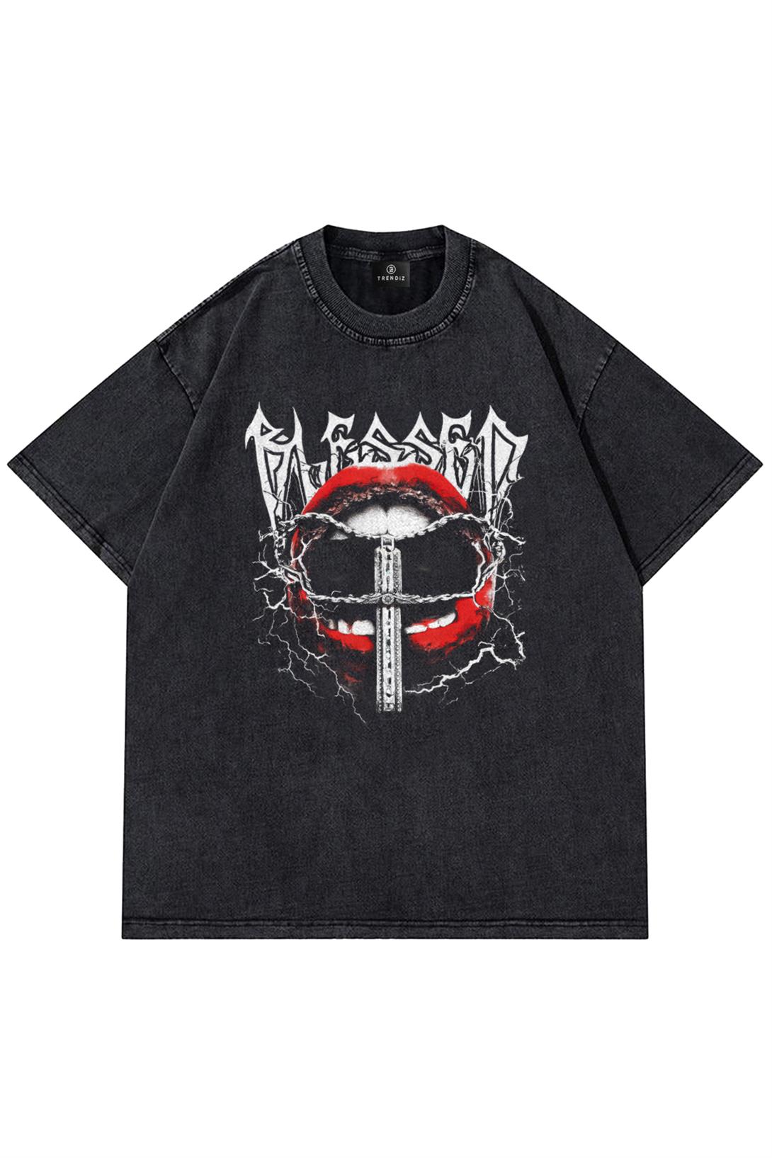 Unisex Blessed Lips Yıkamalı Tshirt Antrasit