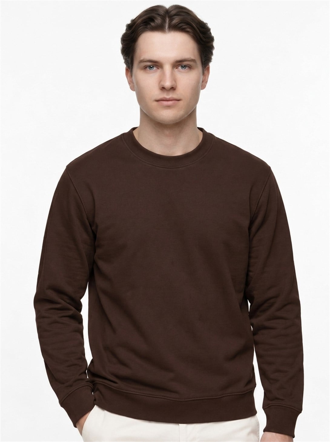 Erkek Standart Fit Normal Kesim 2 İplik Bisiklet Yaka Sweatshirt Kahverengi
