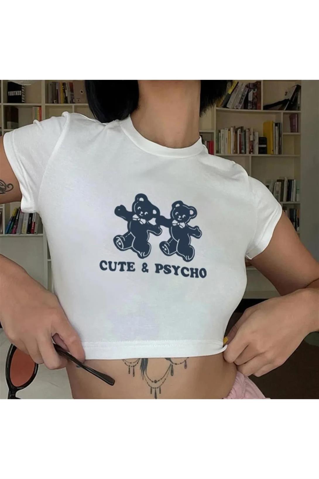 Kadın Cute & Psycho Crop Beyaz
