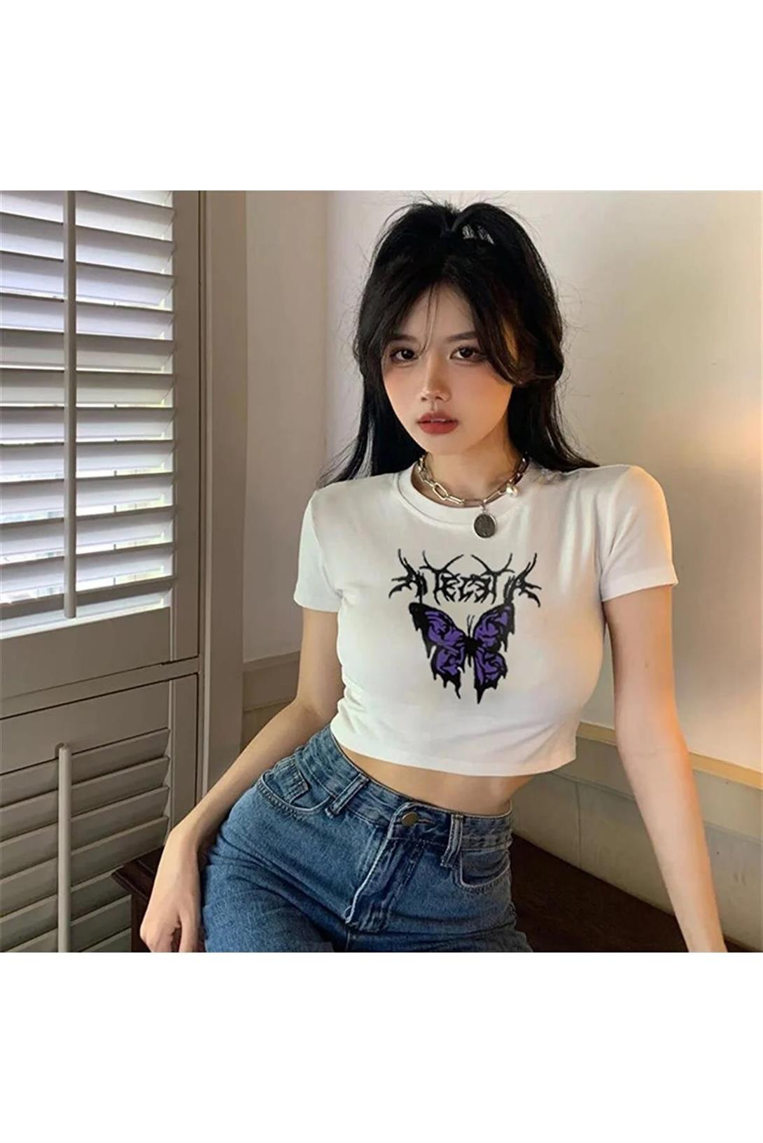 Kadın Gothic Purple Butterfly Crop Beyaz