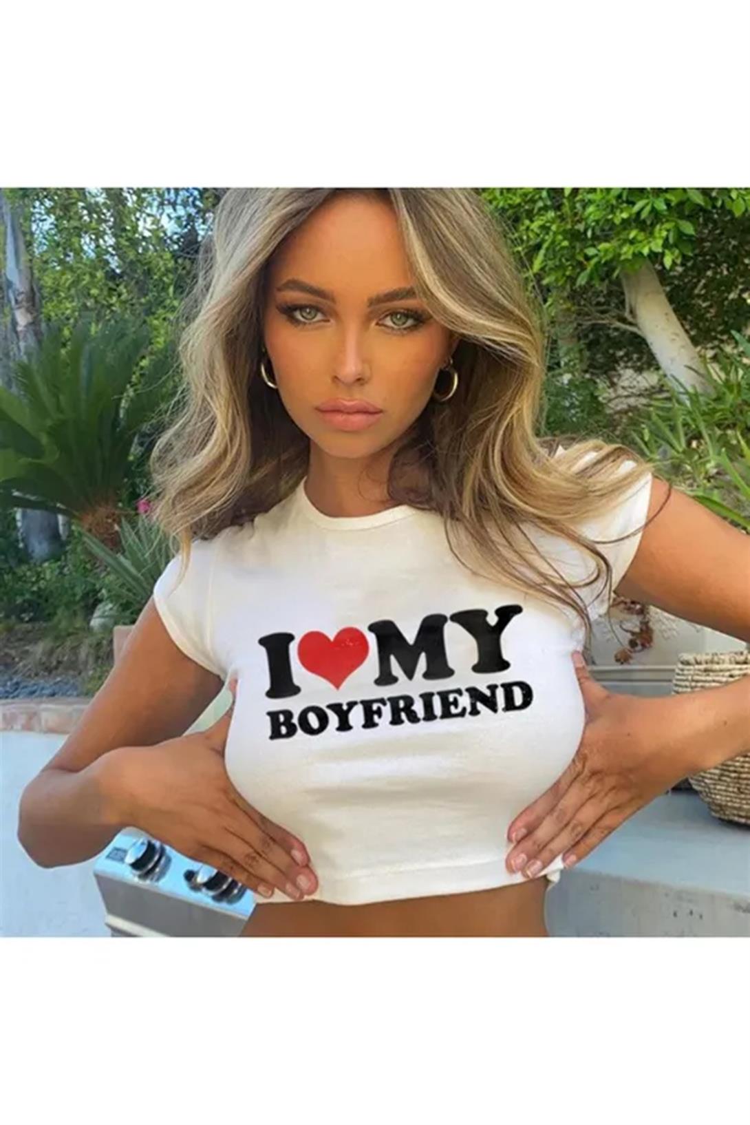 Kadın I Love My Boyfriend Crop Beyaz