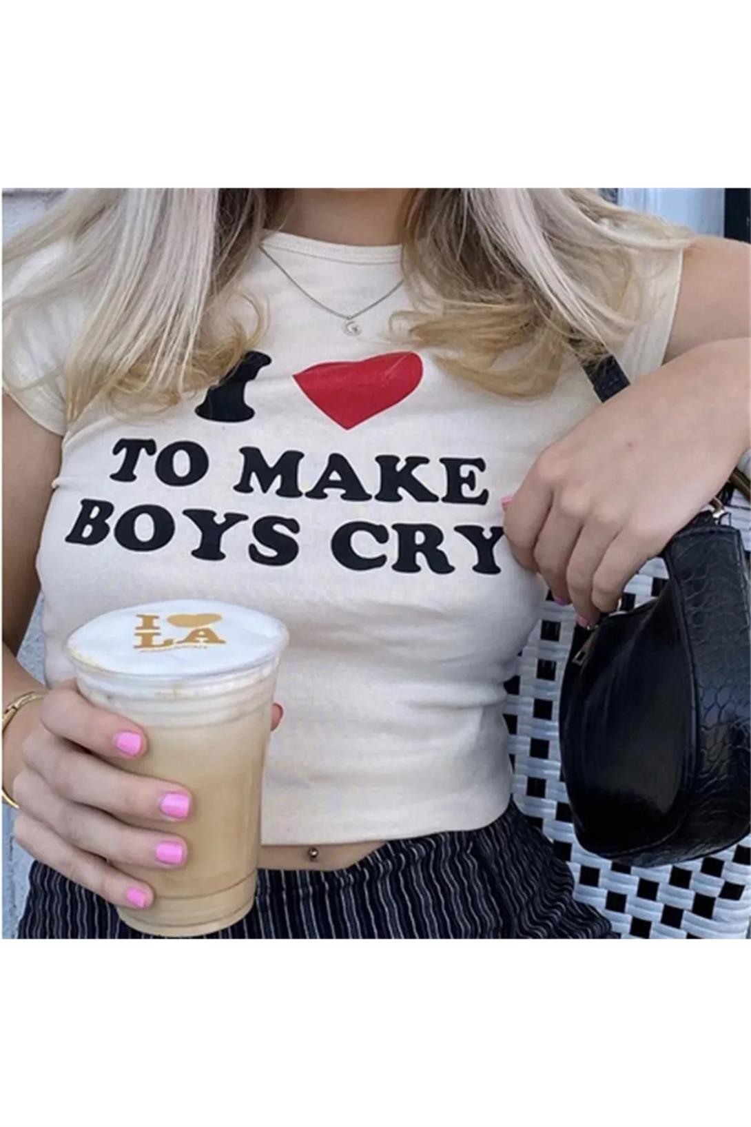 Kadın I Love to Make Boys Cry Crop Beyaz