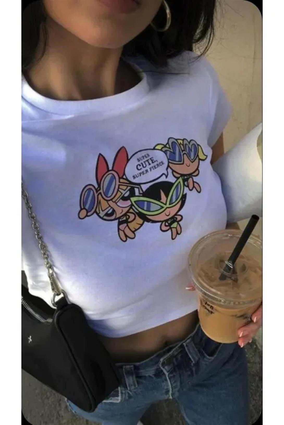 Kadın Powerpuff Girls Super Cutes Crop Beyaz