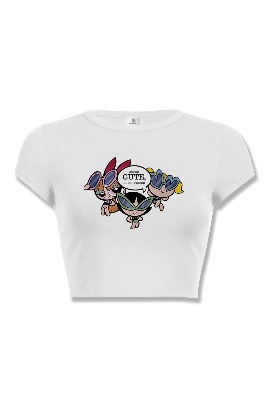 Kadın Powerpuff Girls Super Cutes Crop Beyaz