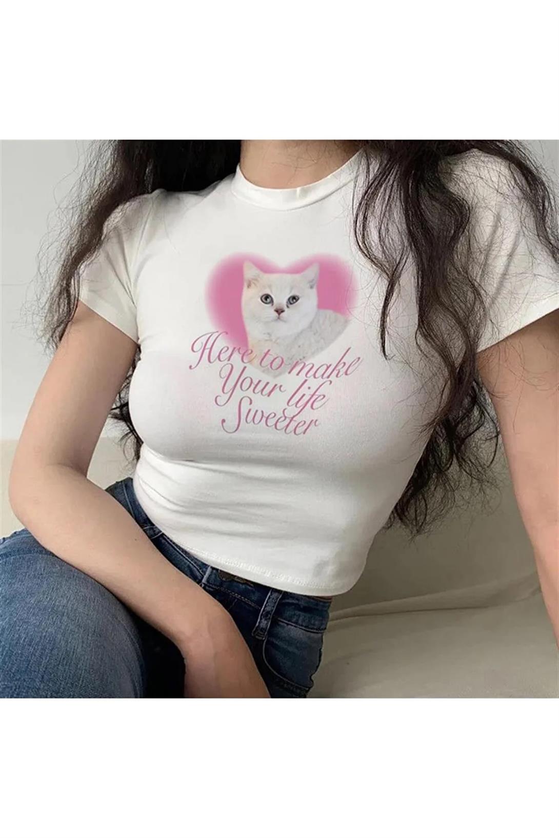 Kadın Pretty Cat & Heart Crop Beyaz