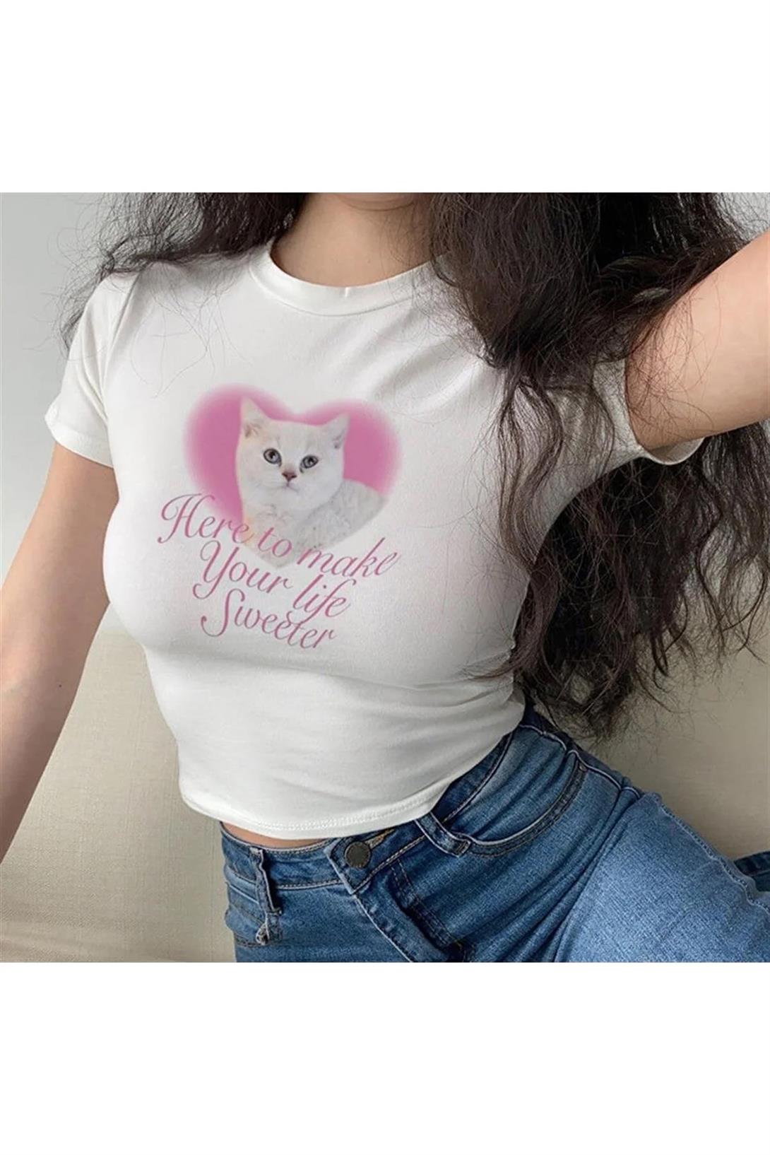Kadın Pretty Cat & Heart Crop Beyaz
