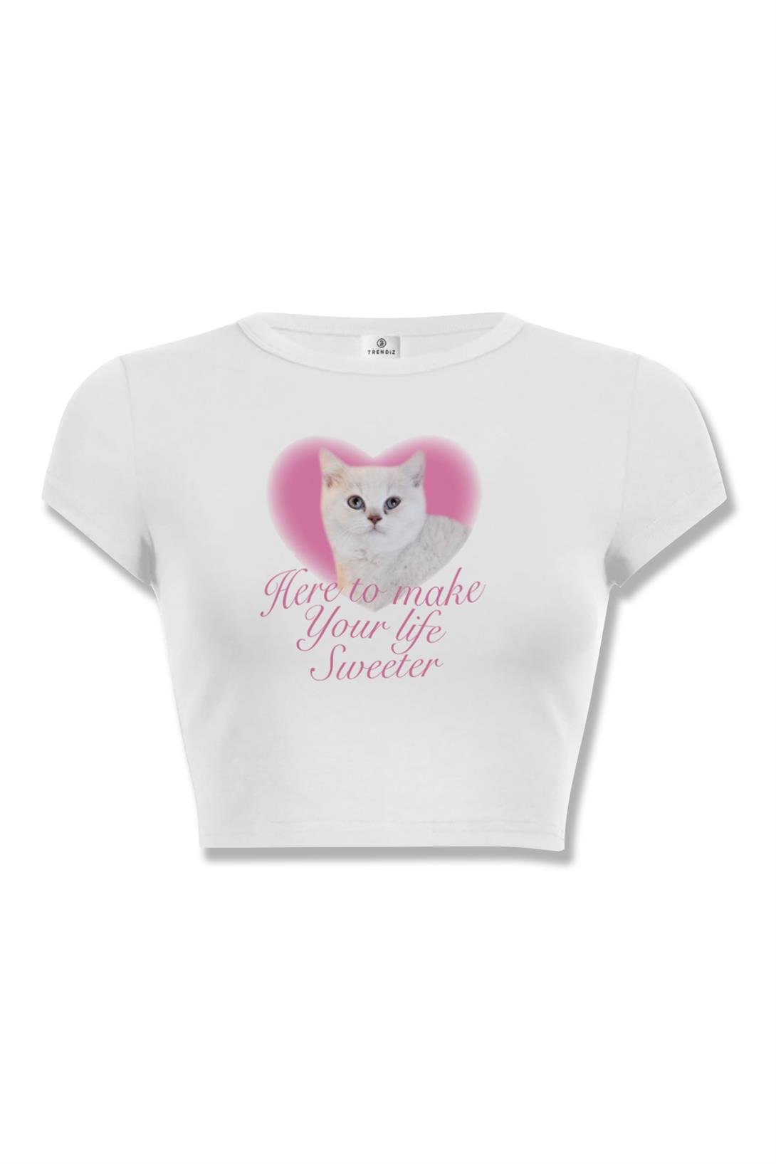 Kadın Pretty Cat & Heart Crop Beyaz