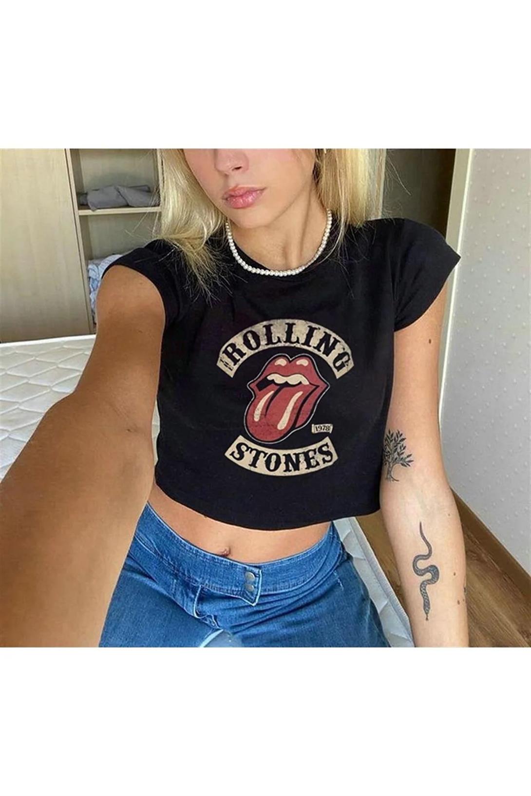 Kadın Rolling Stones Crop Siyah