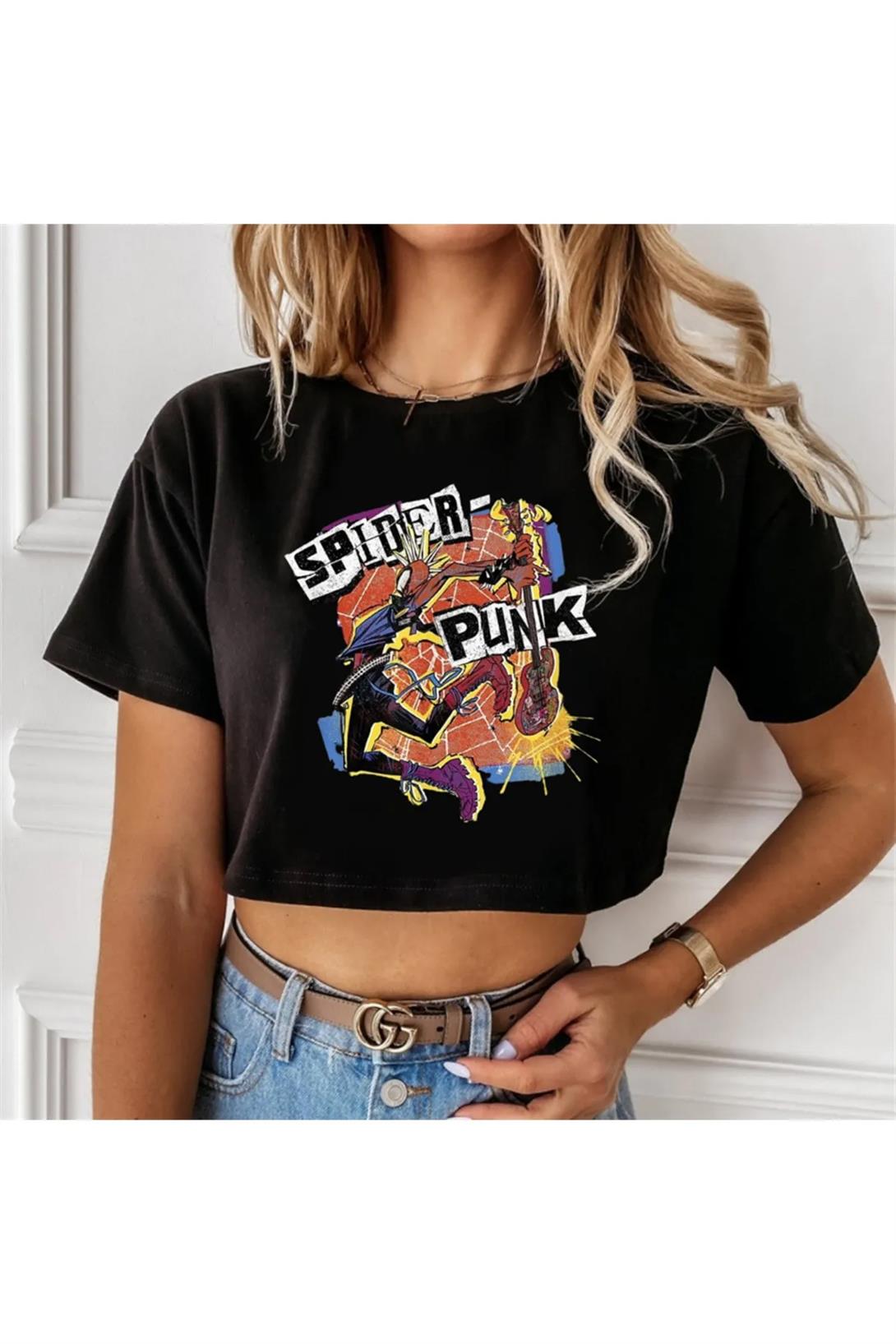 Kadın Spider Punk Crop Siyah