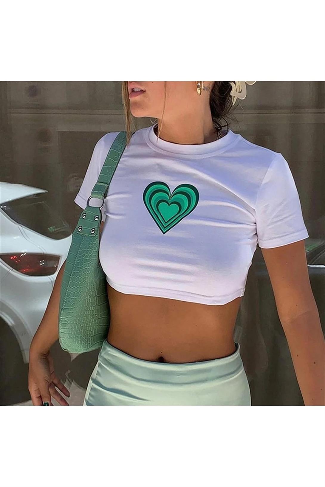 Kadın Vintage Green Heart Crop Beyaz