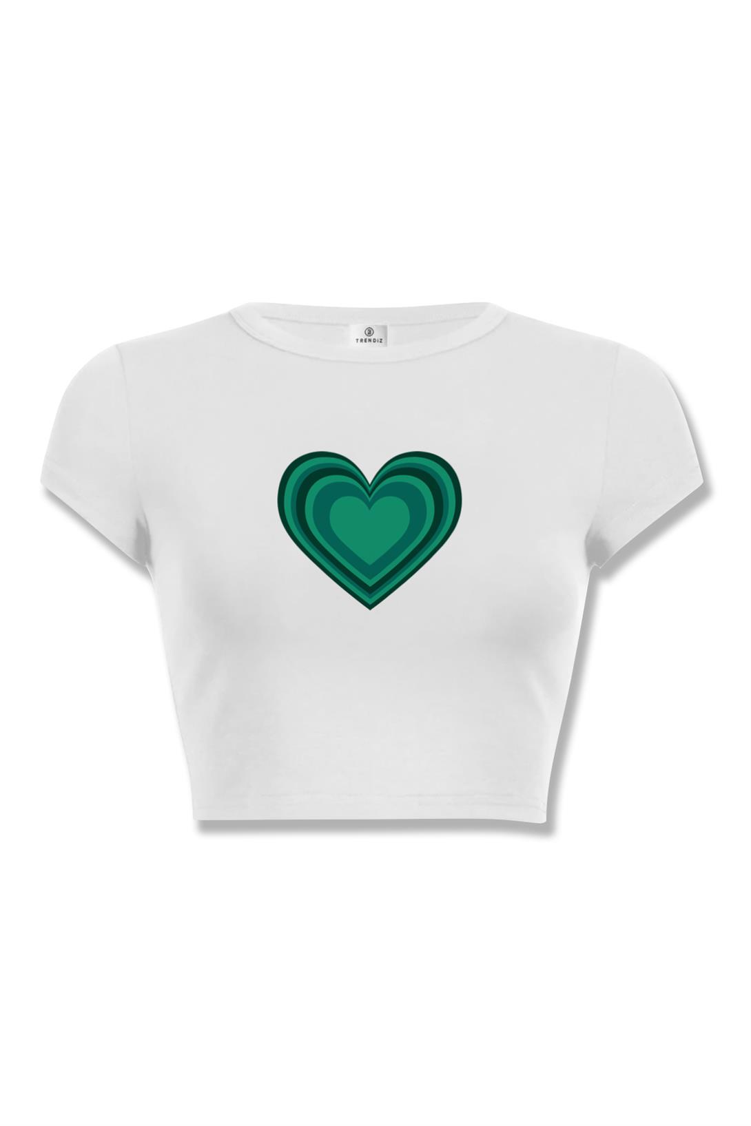 Kadın Vintage Green Heart Crop Beyaz