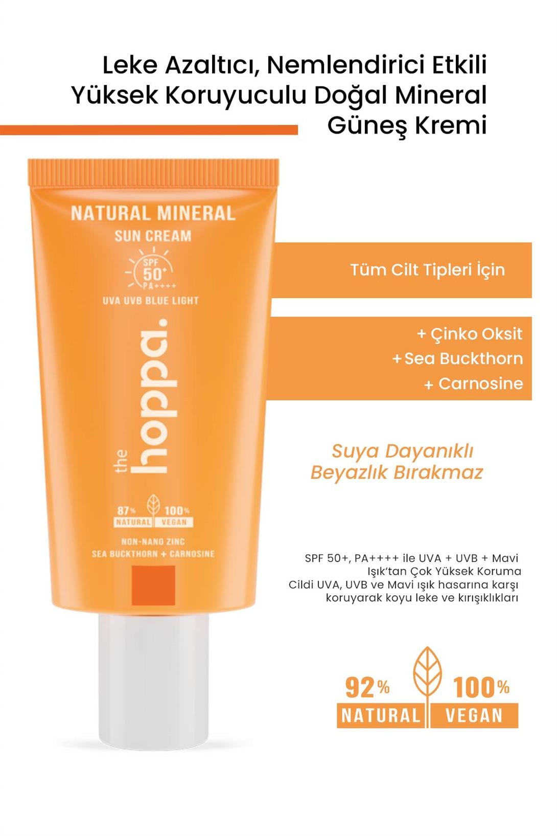 Nemlendirici Etkili Yüksek Koruyuculu Doğal Mineral Güneş Kremi SFP 50+ PA++++ Çinko Oksit + Sea Buckthorn + Carnosine 50 ML