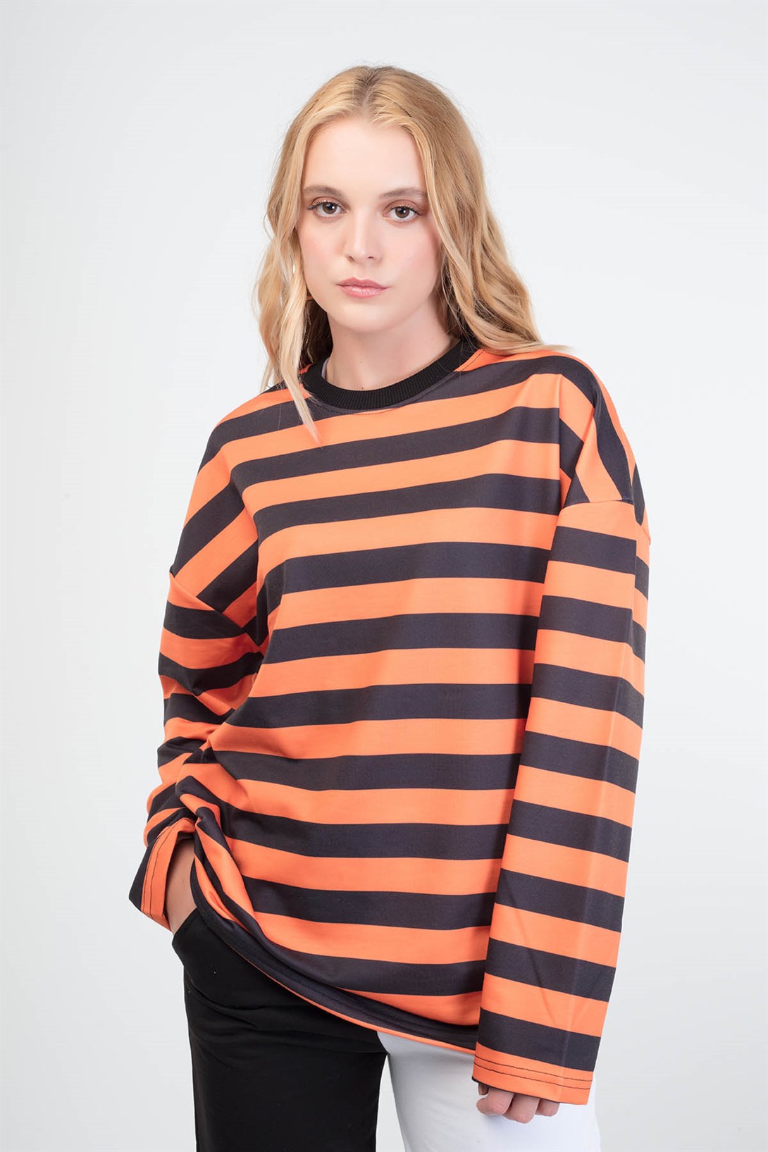 Trendiz Çizgili Yuvarlak Yaka Turuncu Sweatshirt Hoodie 141103