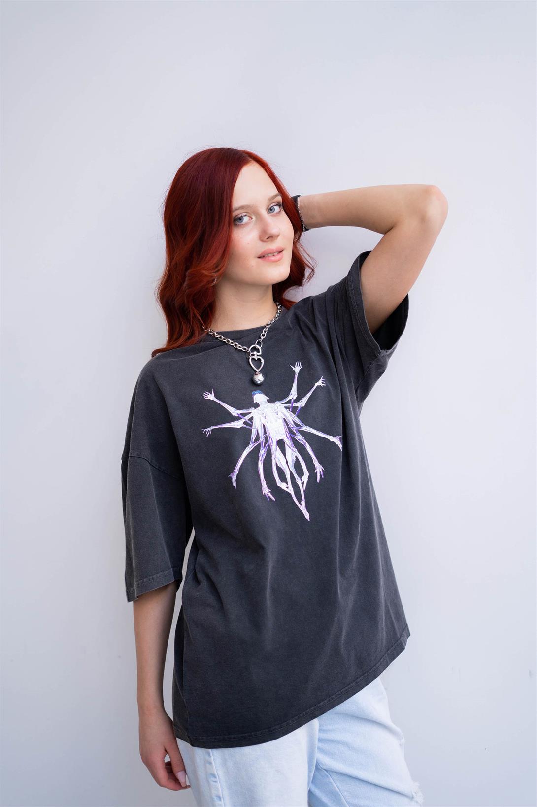 Trendiz Unisex Alien Yıkamalı Antrasit Antasit Tshirt