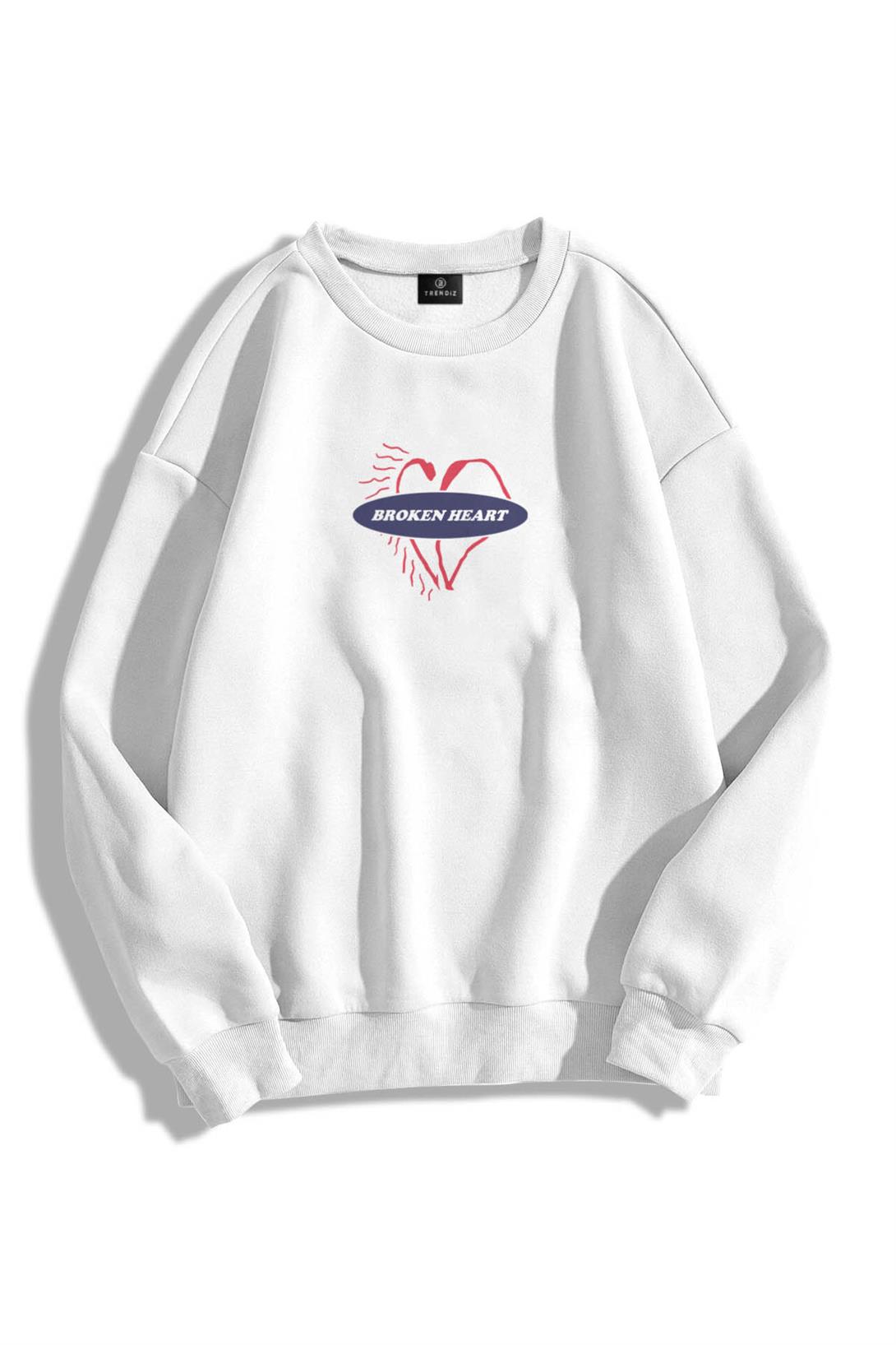 Trendiz Unisex Broken Heart Bisiklet Yaka Sweatshirt Hoodie Beyaz