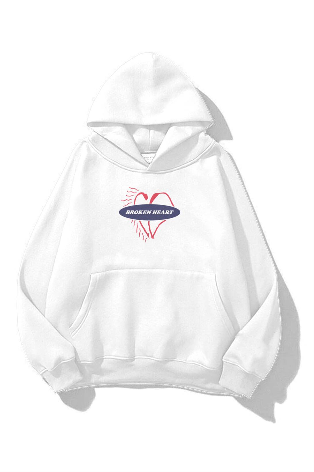 Trendiz Unisex Broken Heart Sweatshirt Hoodie Beyaz