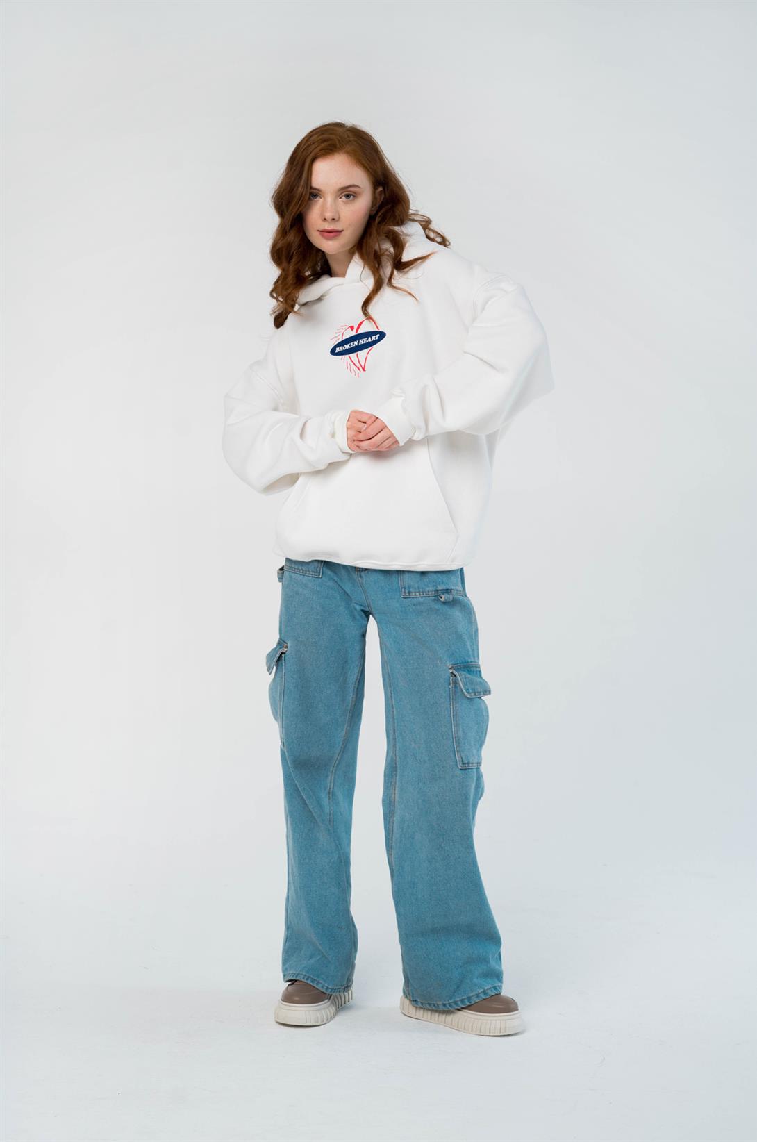 Trendiz Unisex Broken Heart Sweatshirt Hoodie Beyaz