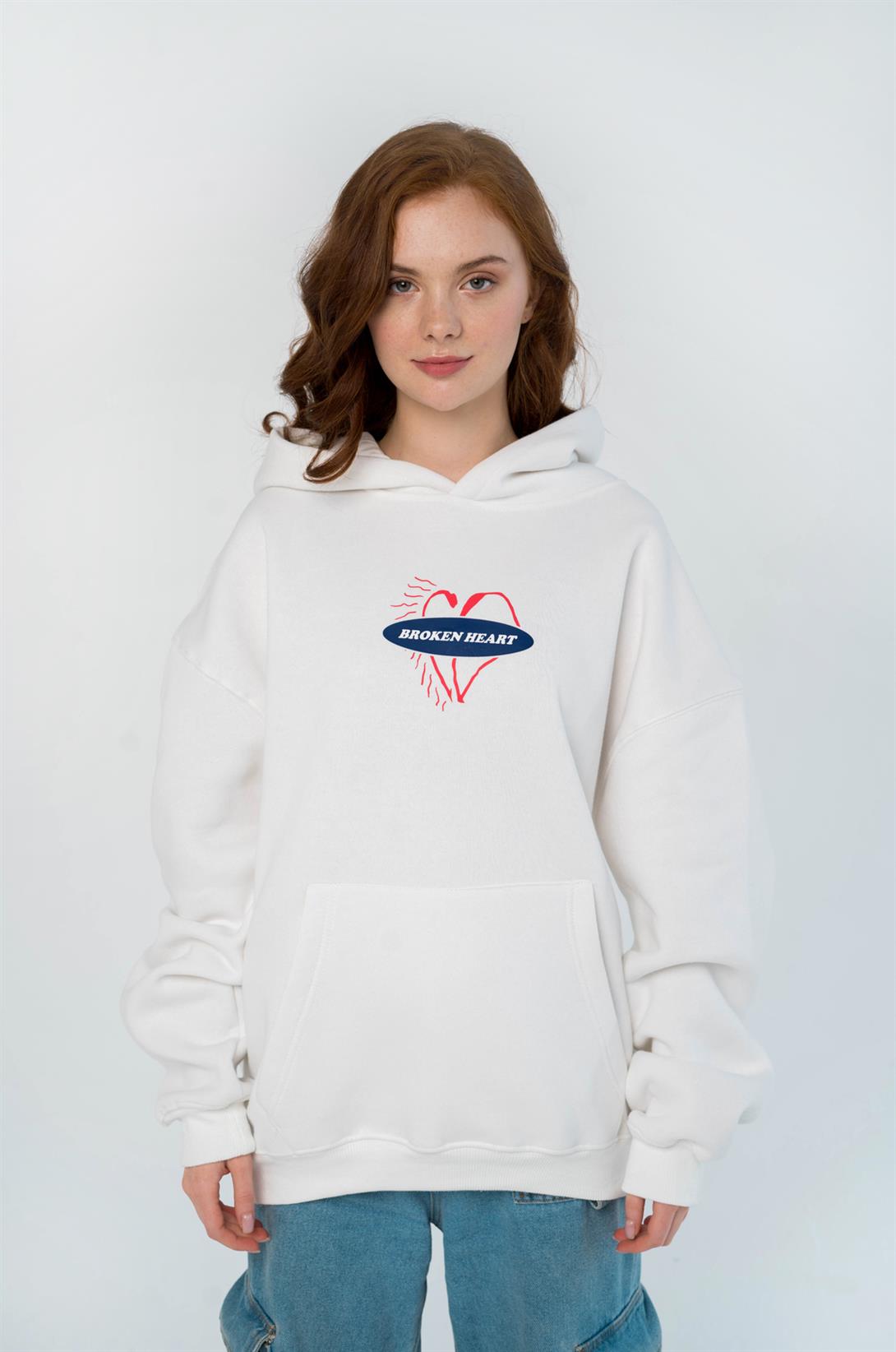 Trendiz Unisex Broken Heart Sweatshirt Hoodie Beyaz