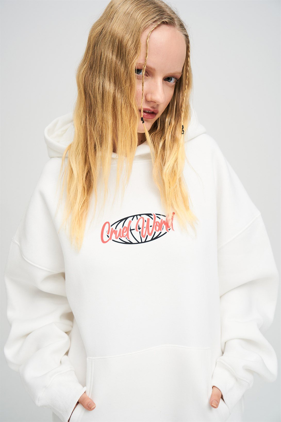Trendiz Unisex Cruel World Sweatshirt Hoodie Beyaz