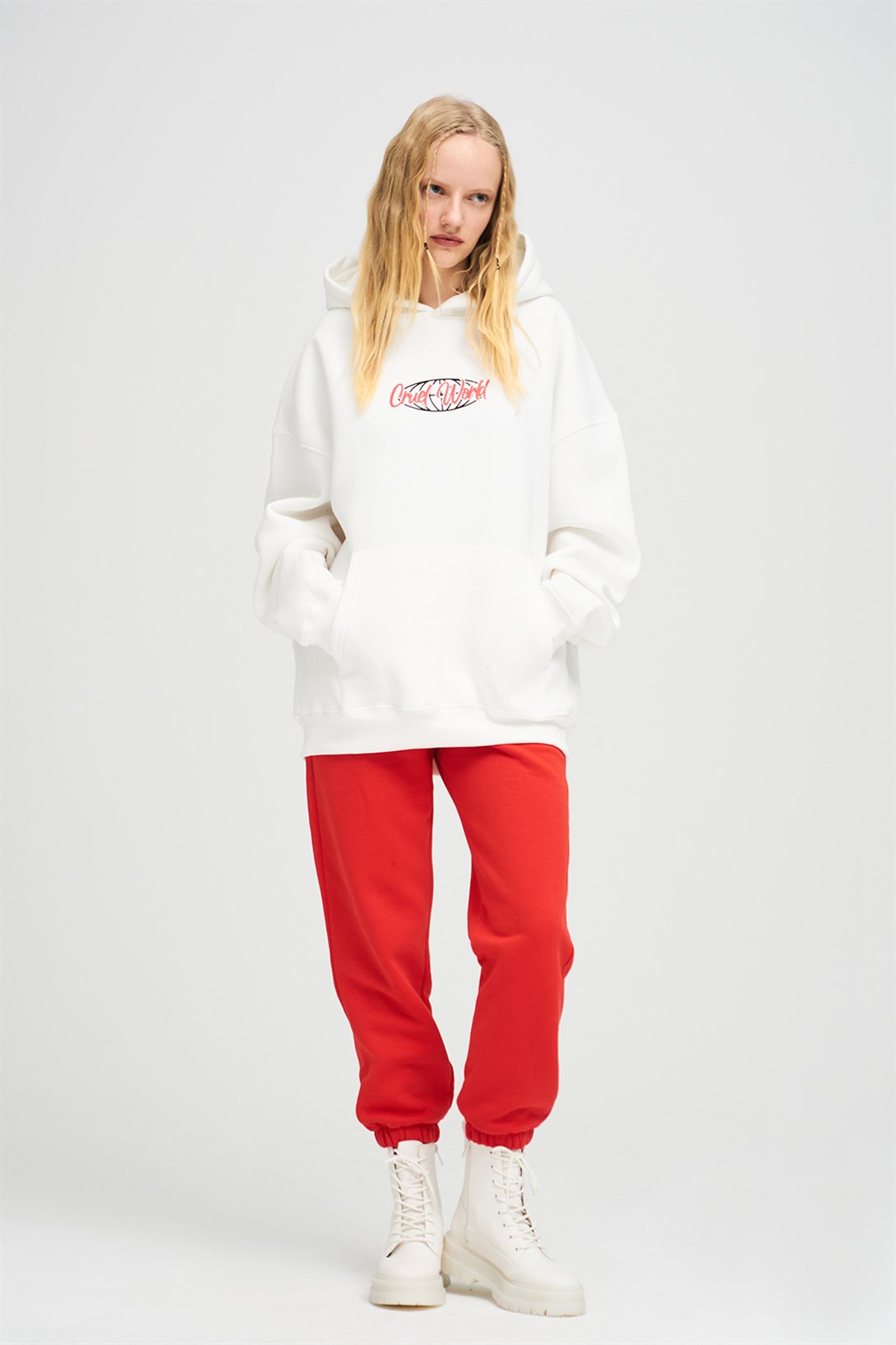 Trendiz Unisex Cruel World Sweatshirt Hoodie Beyaz