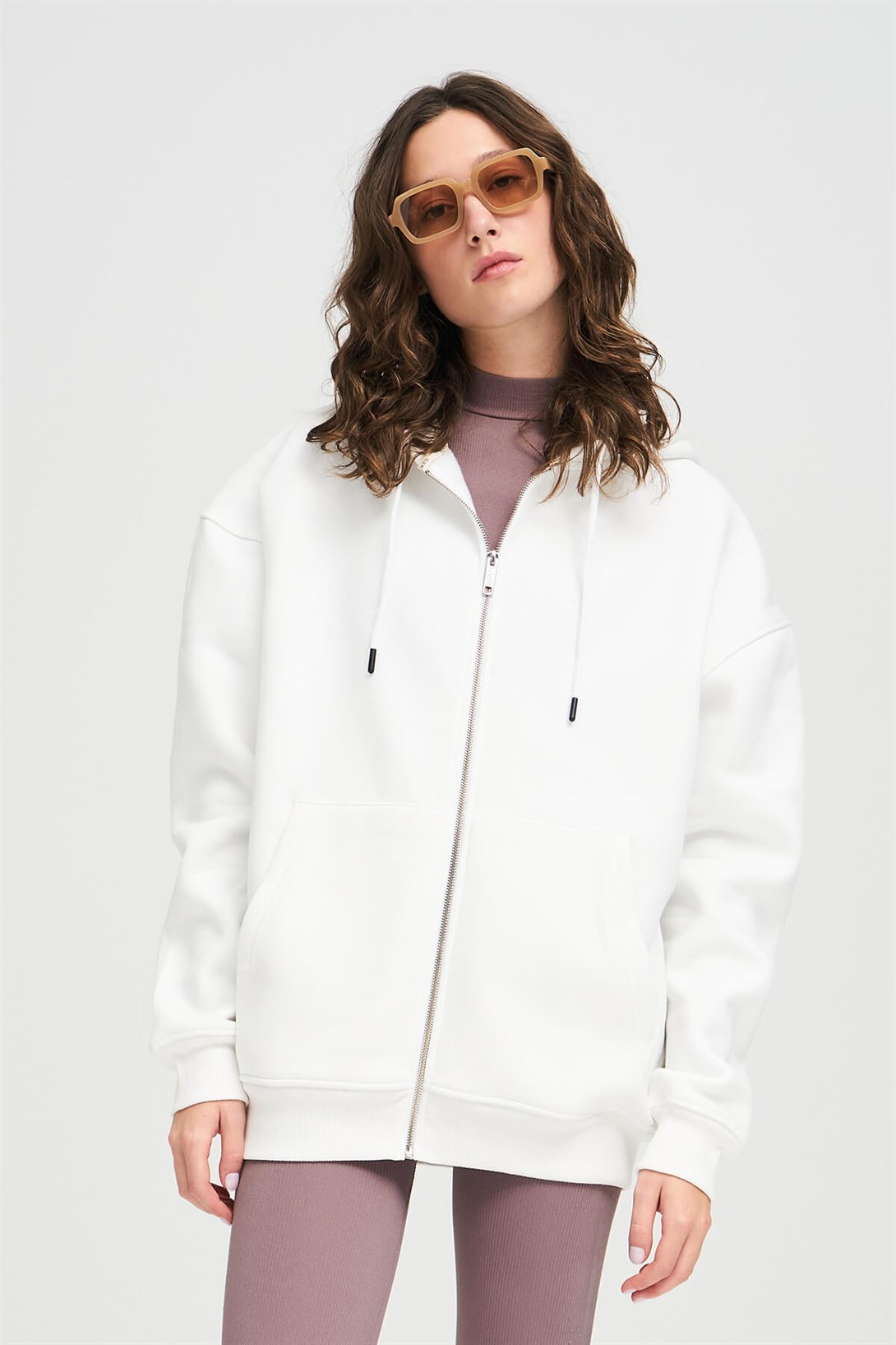 Trendiz Unisex Fermuarlı Beyaz Oversize Sweatshirt Hoodie