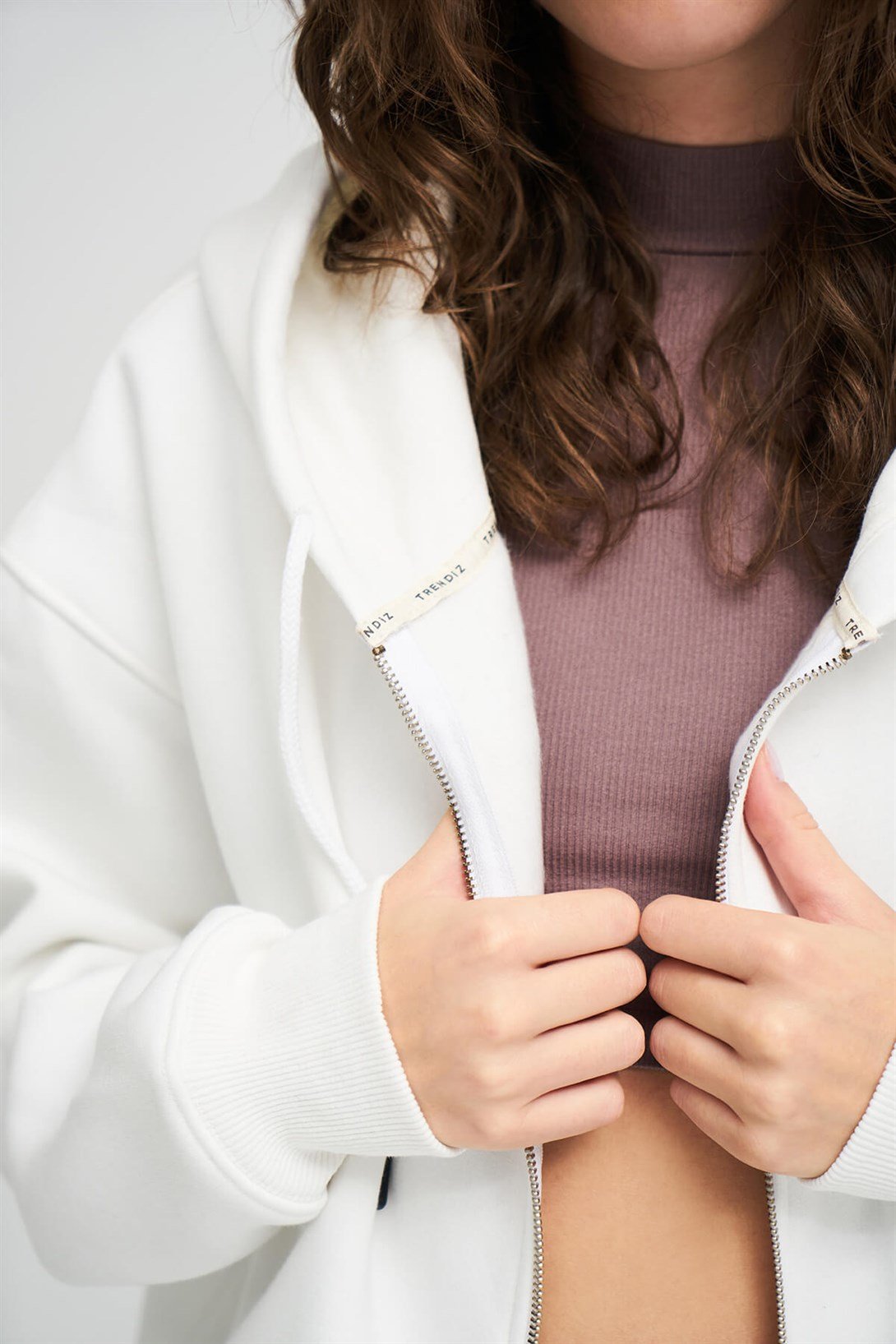 Trendiz Unisex Fermuarlı Beyaz Oversize Sweatshirt Hoodie