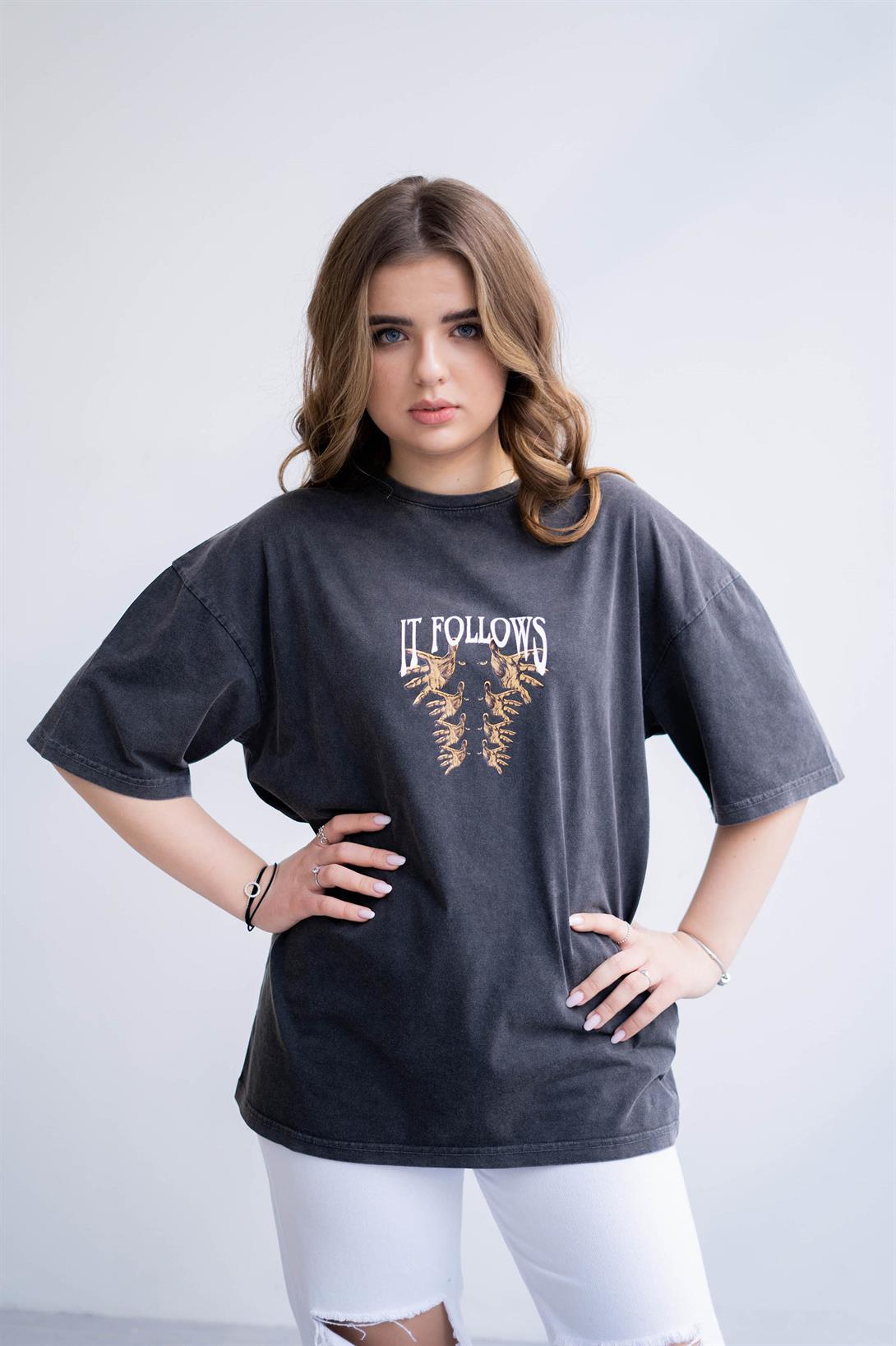 Trendiz Unisex Gri  İt Follows Yıkamalı Tshirt