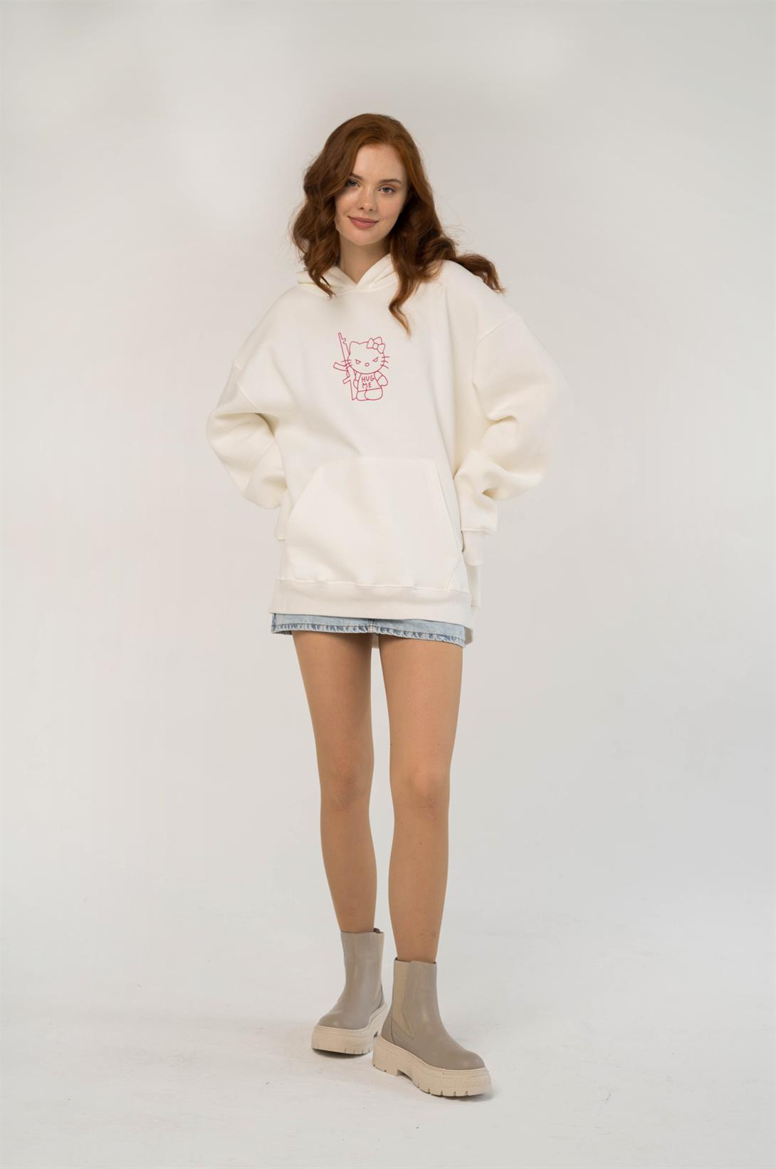 Trendiz Unisex Hug Me Sweatshirt Hoodie Beyaz