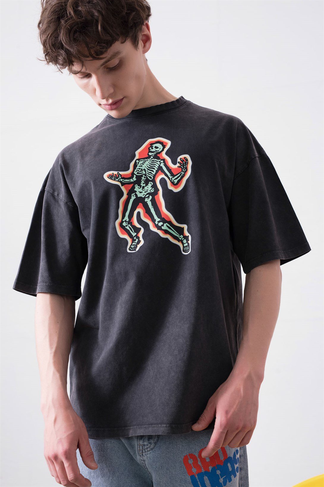 Trendiz Unisex İskelet Yıkamalı Antrasit Tshirt